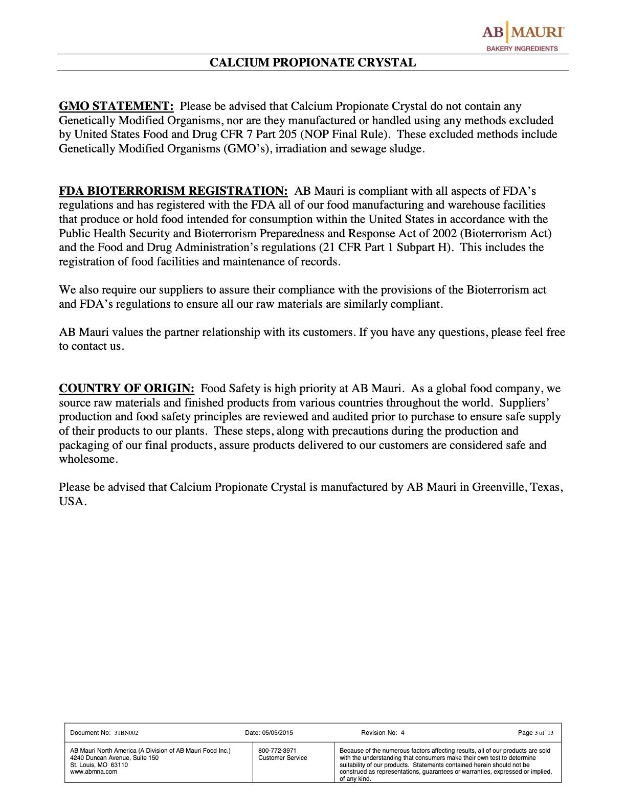 Calcium Propionate Nutritional Info Page 3 by AB Mauri at Stover & Company 