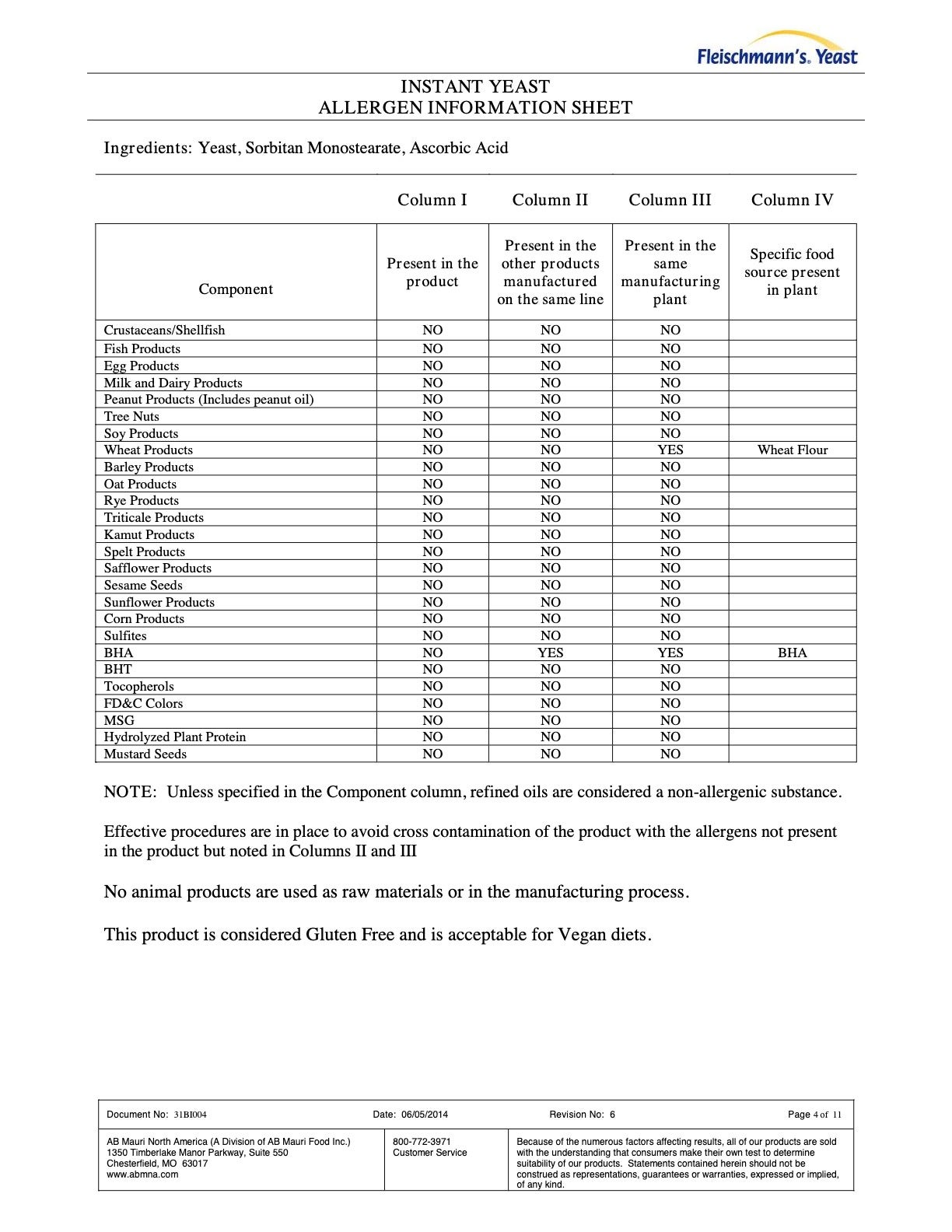 #2139 Instant Yeast Nutritional Info Page 4 by Fleischmann's at Stover & Company