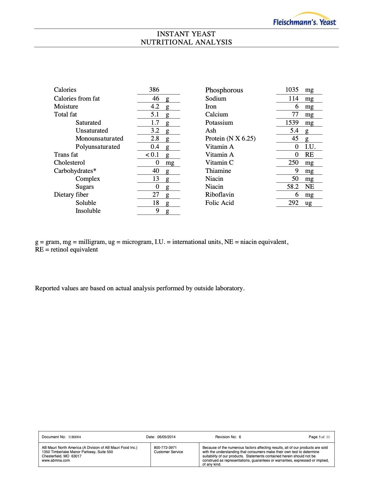 #2139 Instant Yeast Nutritional Info Page 5 by Fleischmann's at Stover & Company