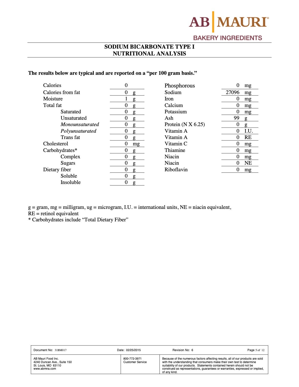 Sodium Bicarbonate Nutritional Info Page 5 by AB Mauri at Stover & Company 