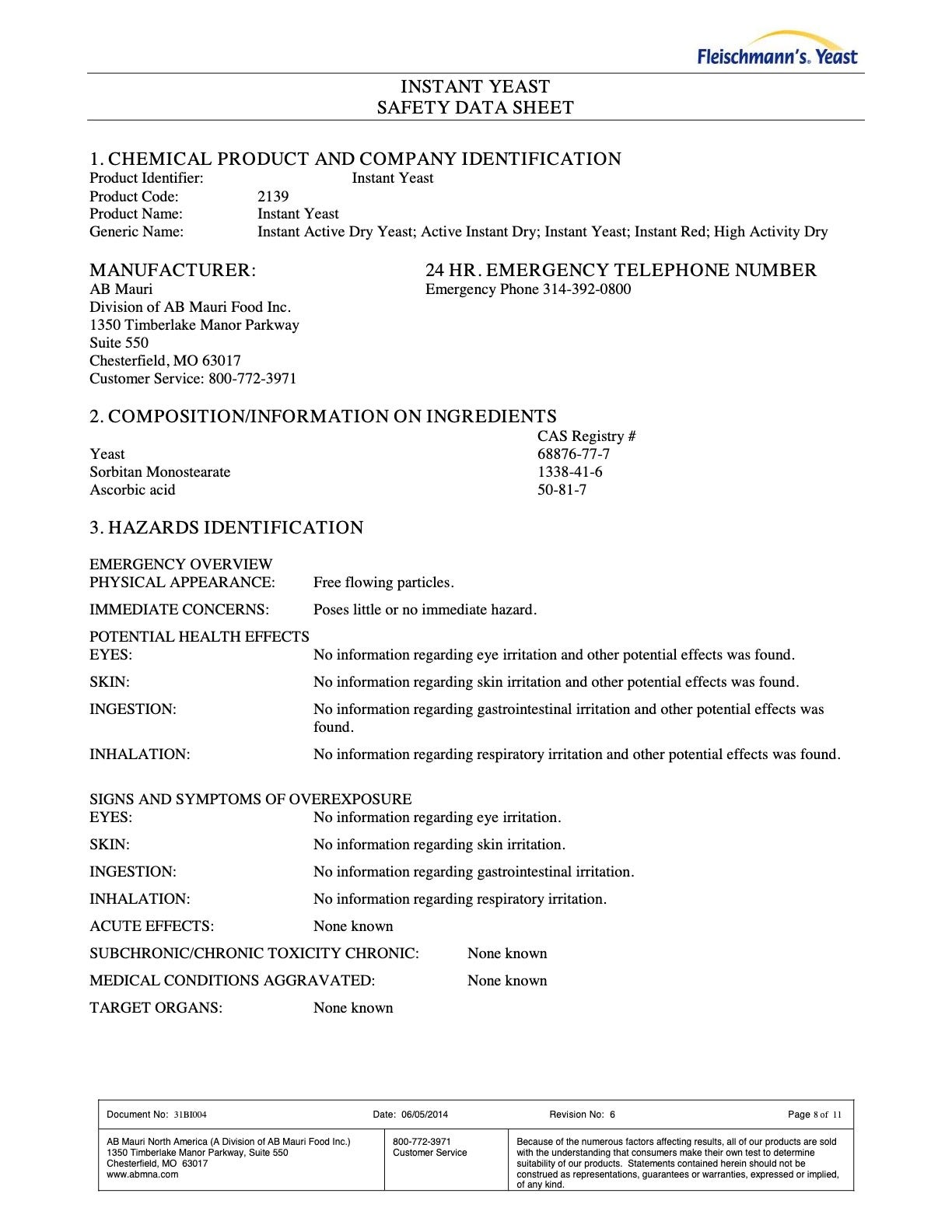 #2139 Instant Yeast Nutritional Info Page 8 by Fleischmann's at Stover & Company