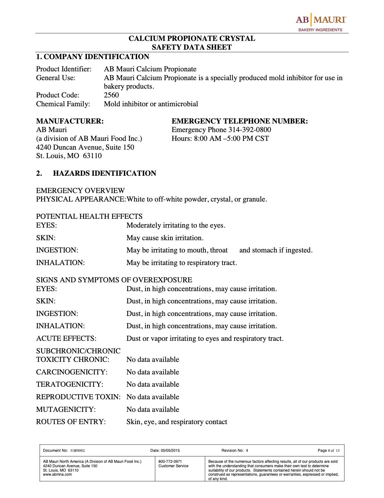 Calcium Propionate Nutritional Info Page 8 by AB Mauri at Stover & Company 