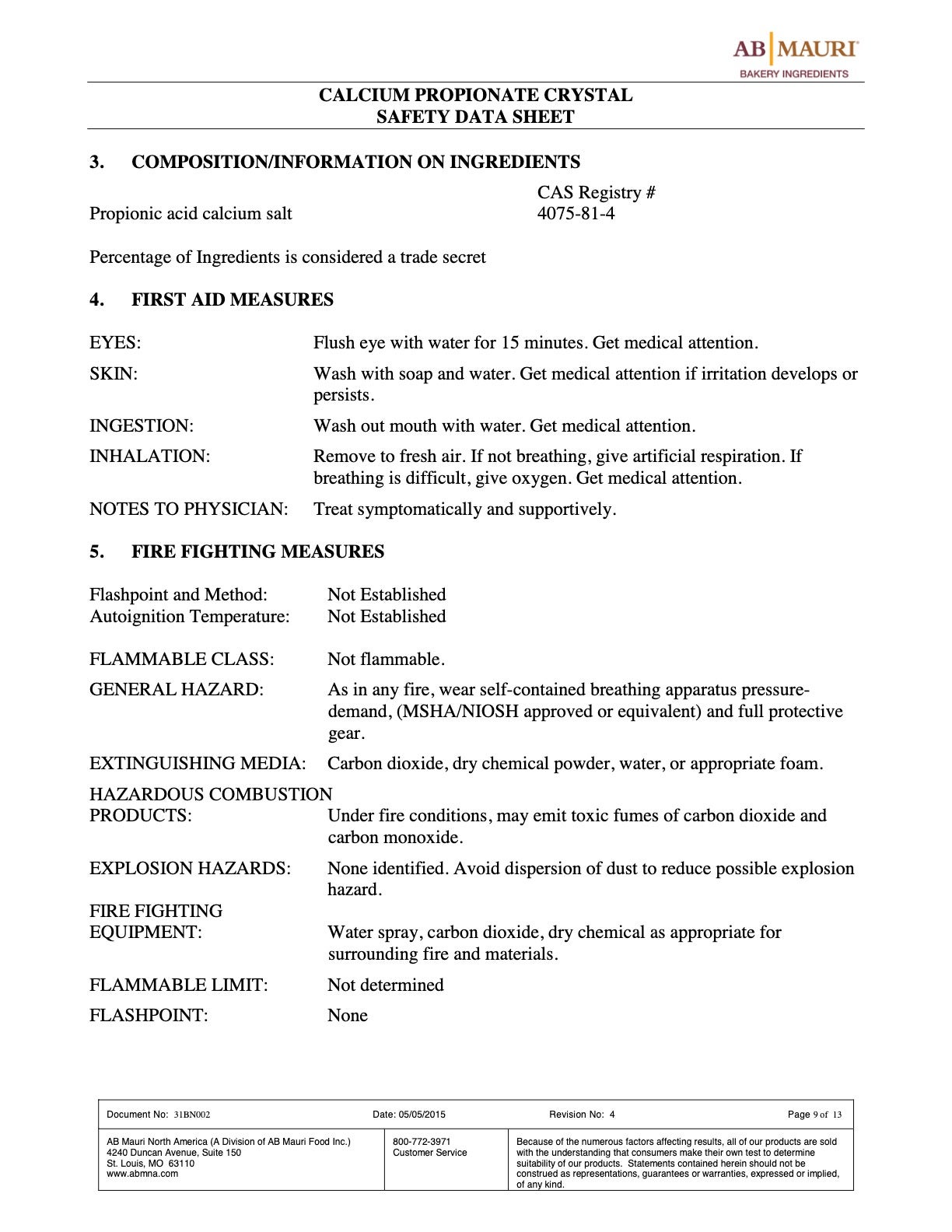 Calcium Propionate Nutritional Info Page 9 by AB Mauri at Stover & Company 