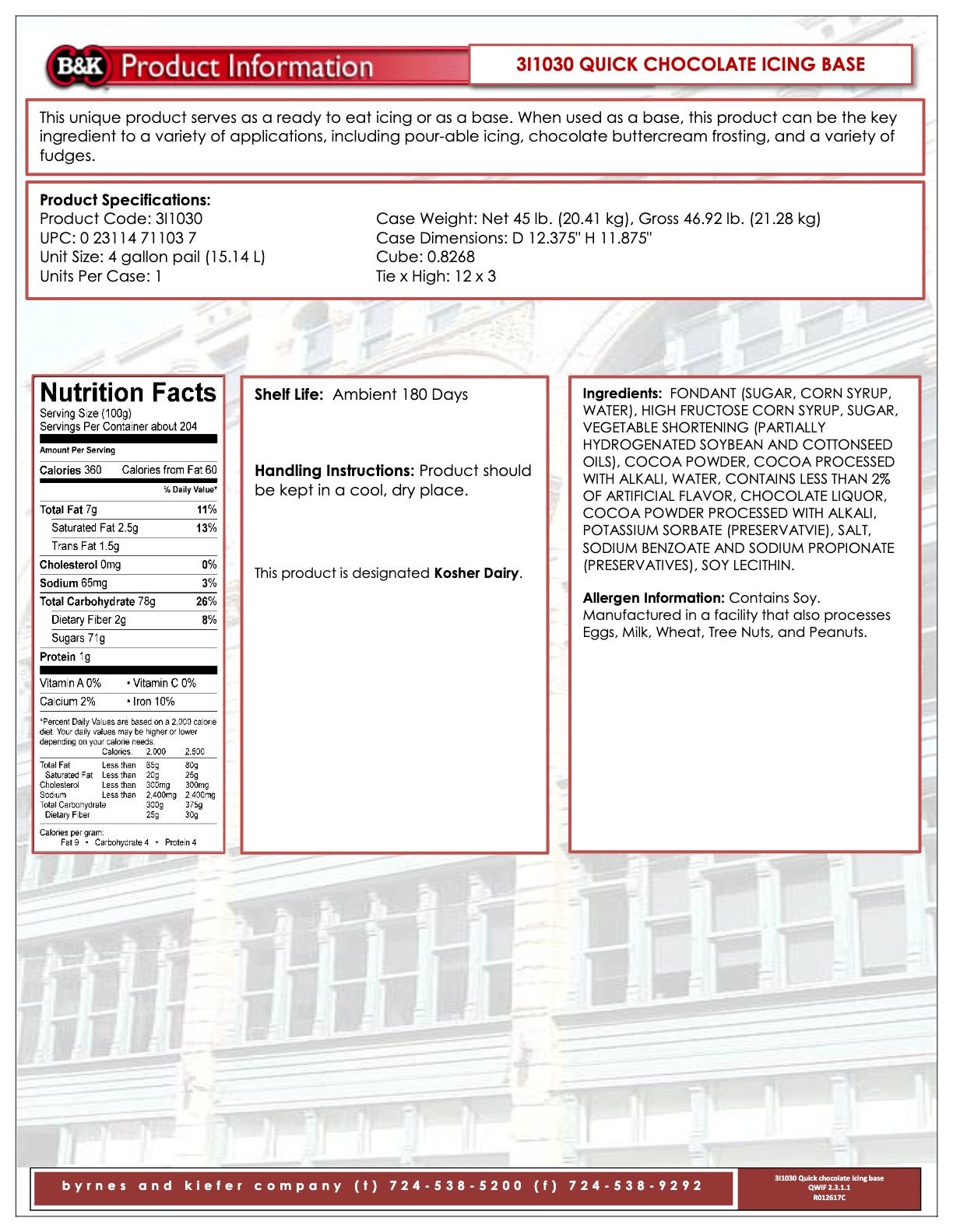 Quick Chocolate Icing Base Nutritional Info by B&K at Stover & Company 