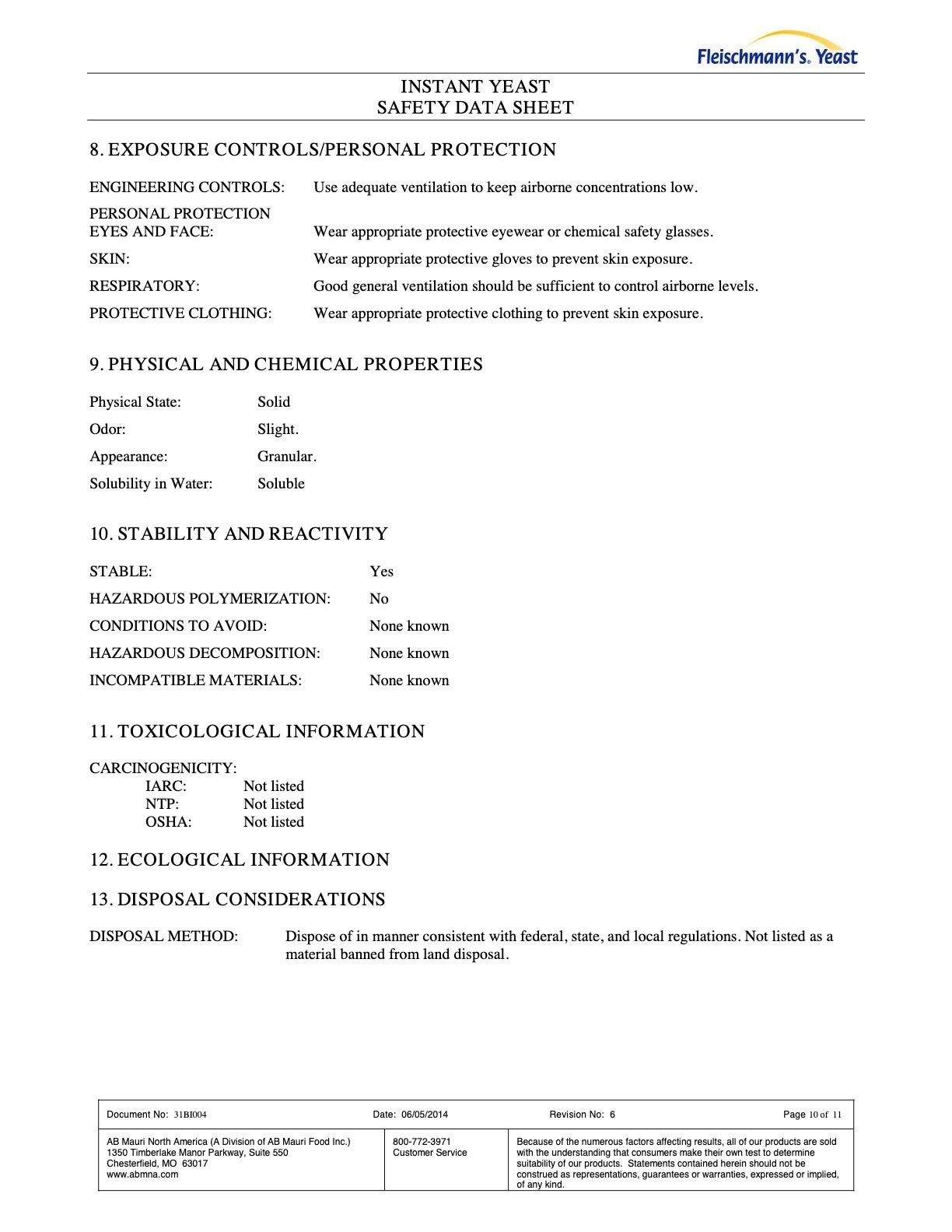 #2139 Instant Yeast Nutritional Info Page 10 by Fleischmann's at Stover & Company