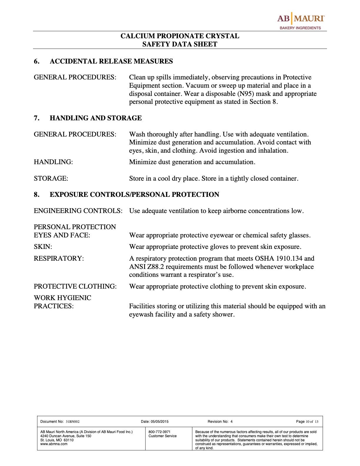 Calcium Propionate Nutritional Info Page 10 by AB Mauri at Stover & Company 