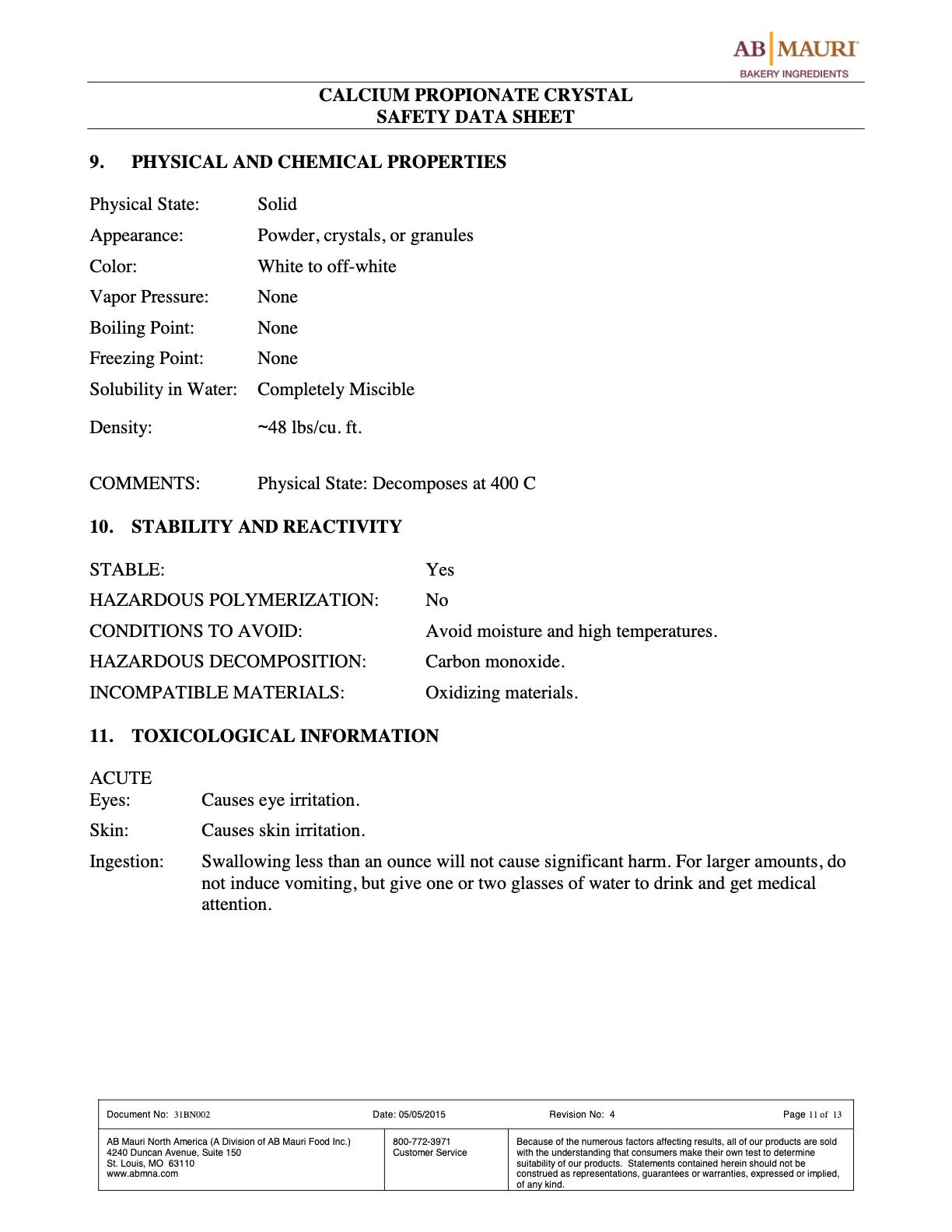 Calcium Propionate Nutritional Info Page 11 by AB Mauri at Stover & Company 