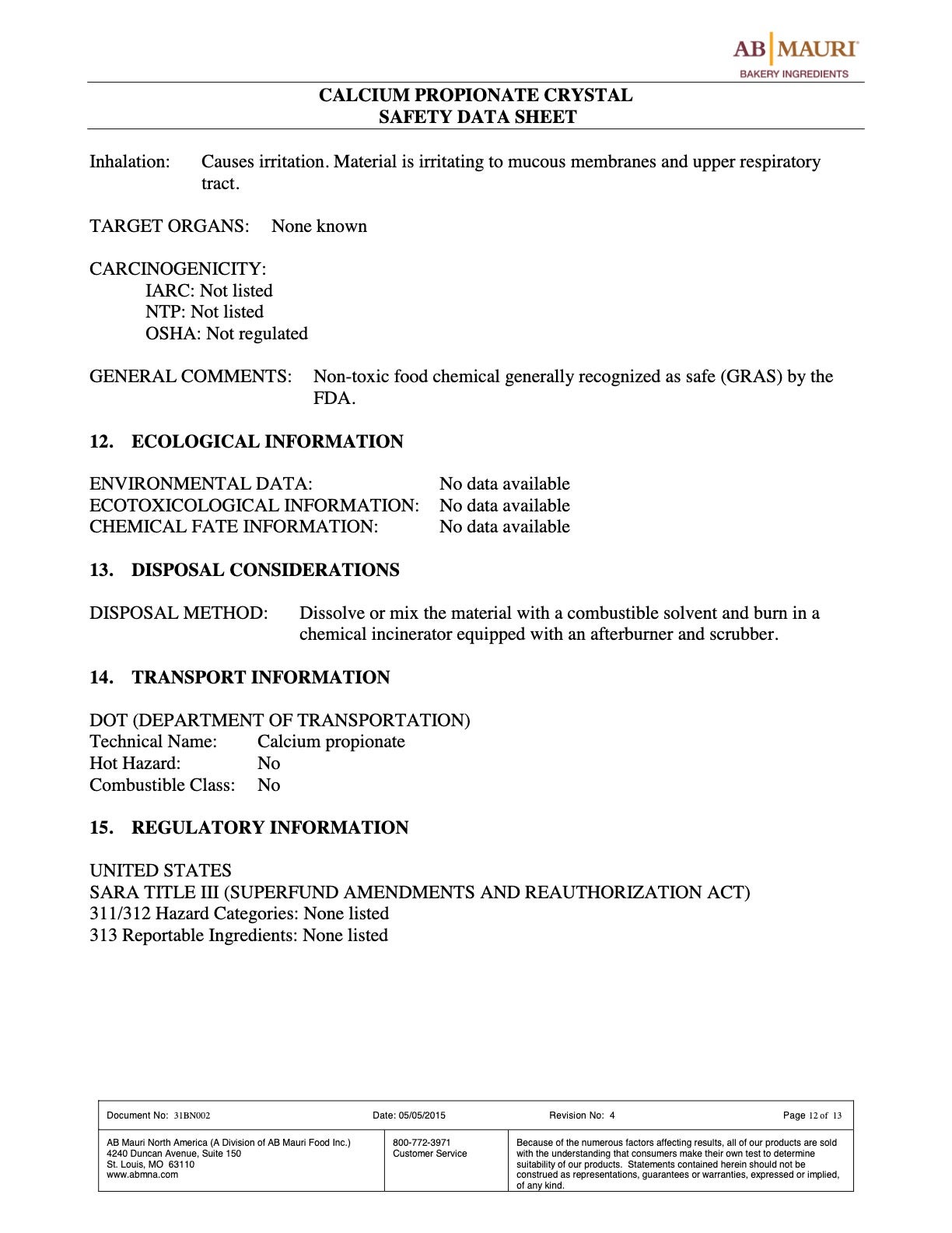 Calcium Propionate Nutritional Info Page 12 by AB Mauri at Stover & Company 