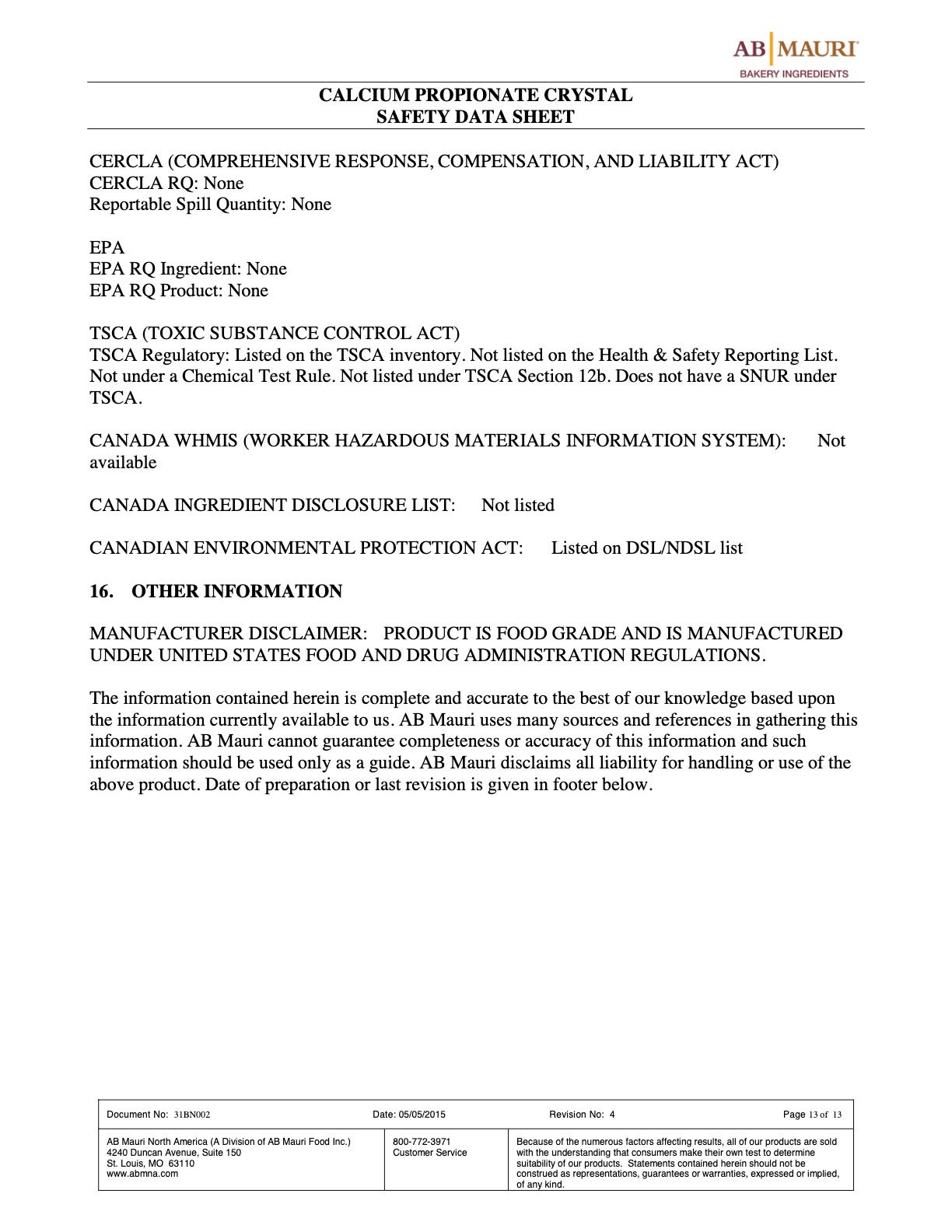 Calcium Propionate Nutritional Info Page 13 by AB Mauri at Stover & Company 