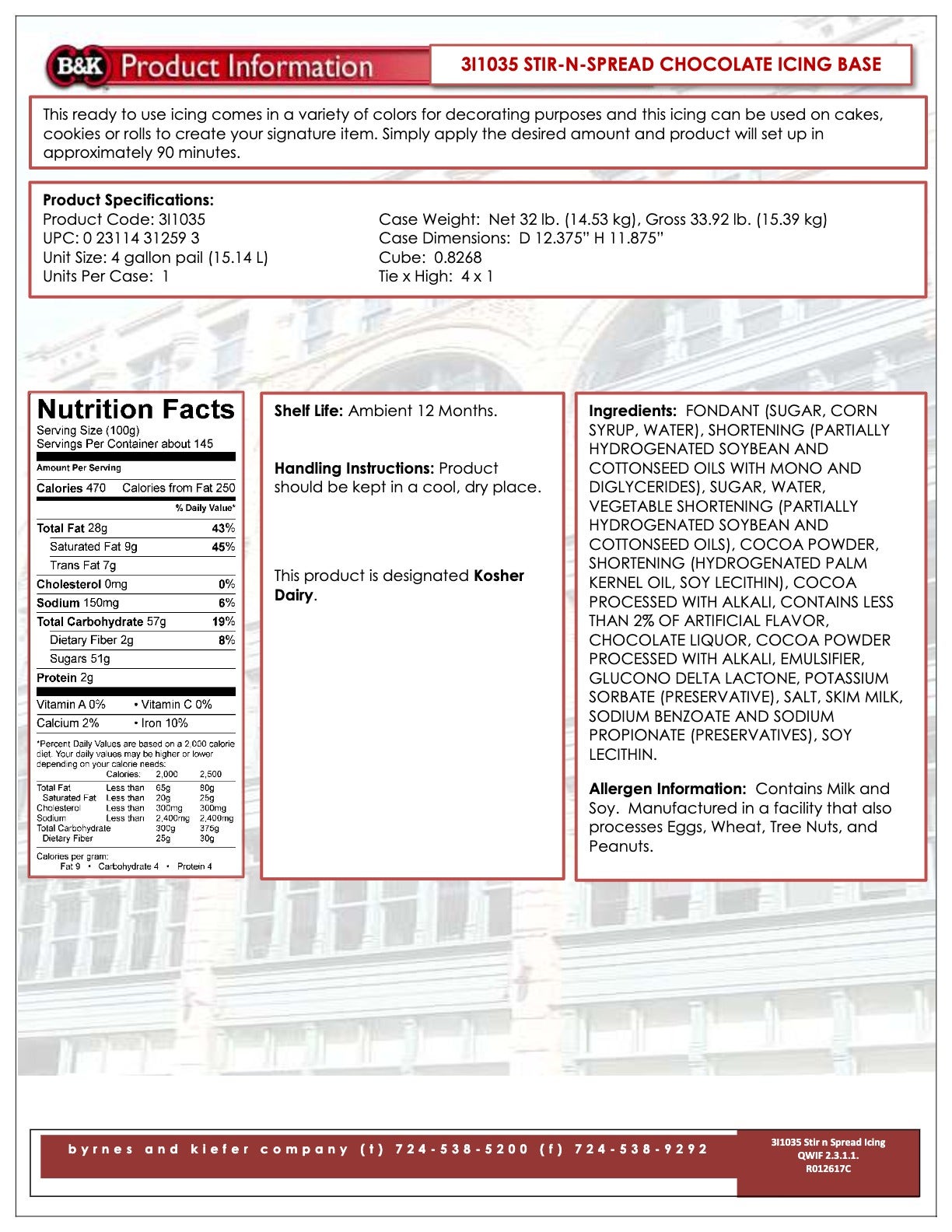 Stir-N-Spread Chocolate Icing Nutritional Info by B&K at Stover & Company 