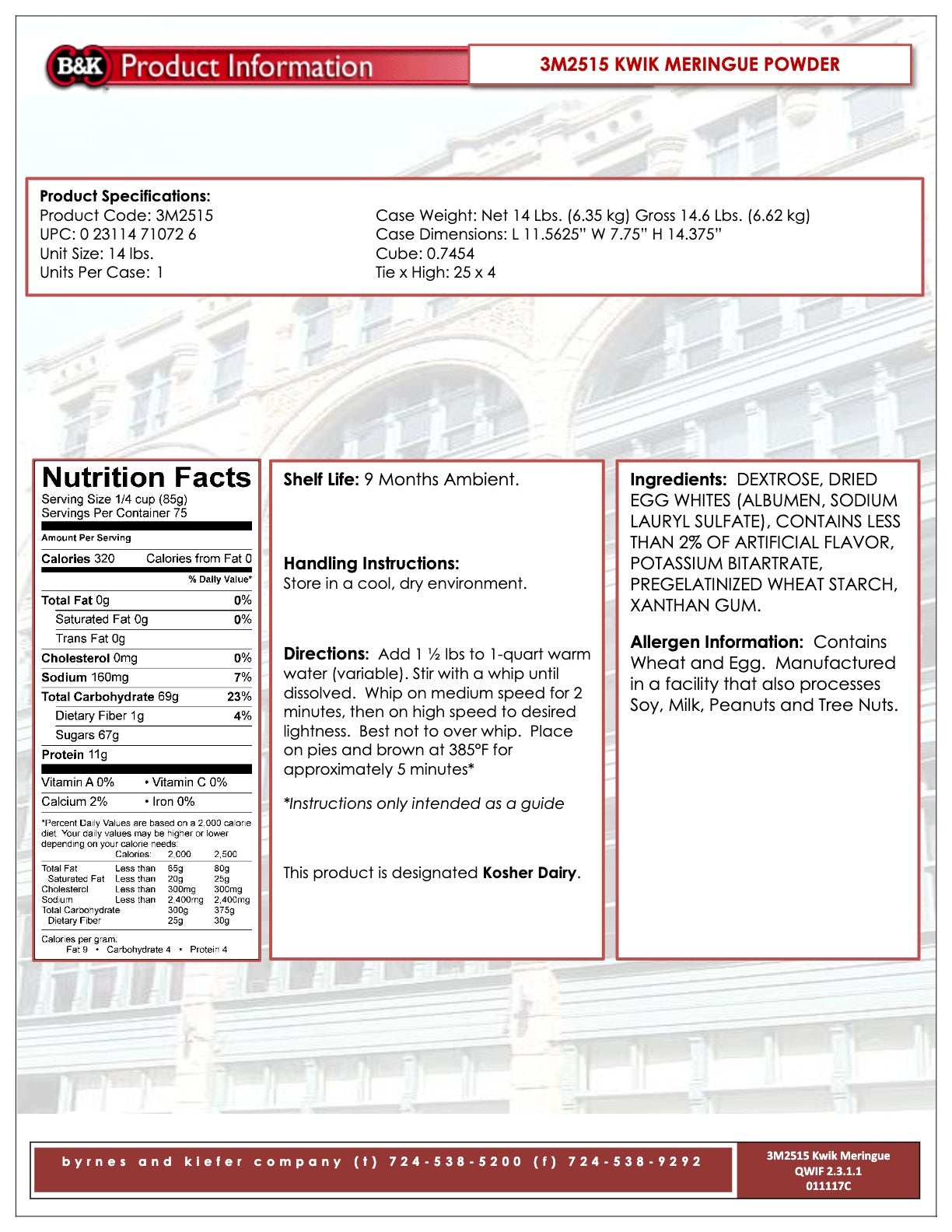 Kwik Meringue Powder Nutritional Info by B&K at Stover & Company 