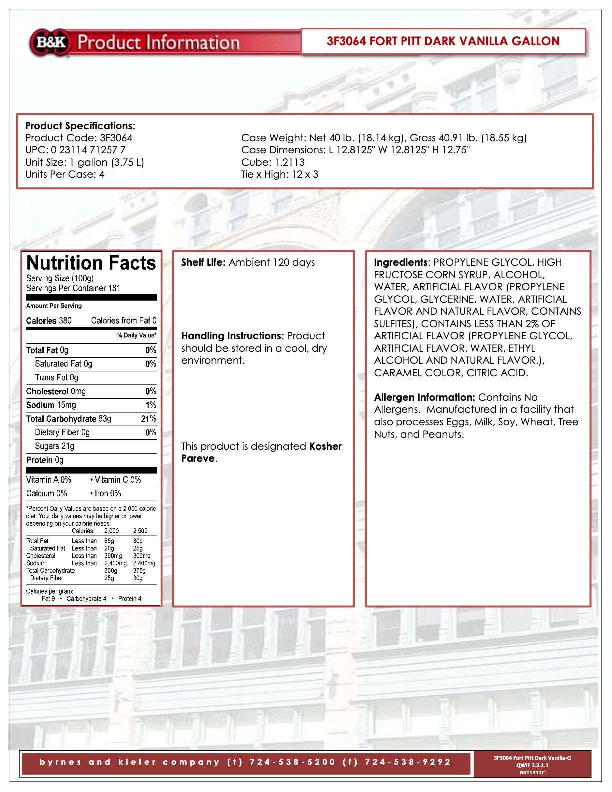 Fort Pitt Dark Vanilla Flavoring Nutritional Info by B&K at Stover & Company 