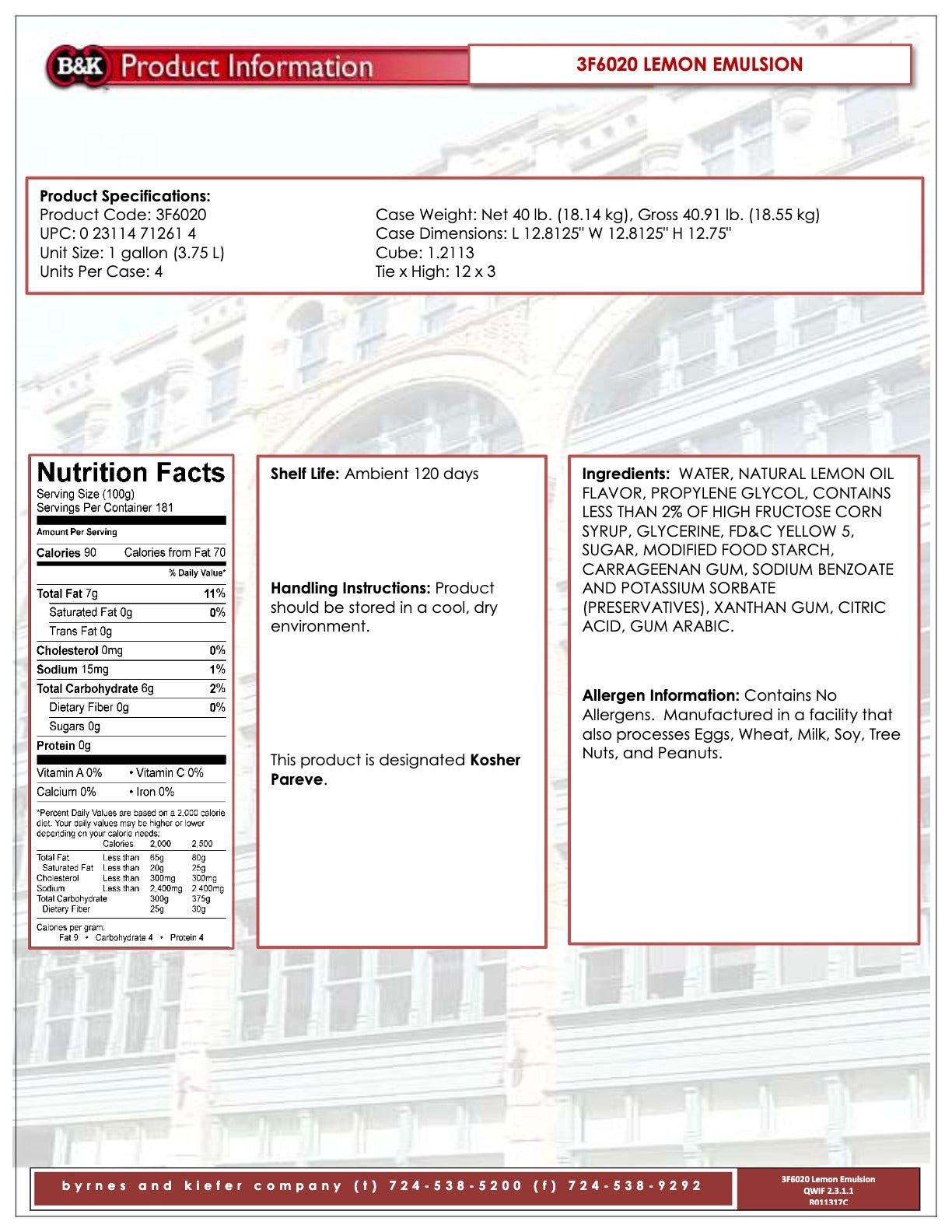 Lemon Emulsion Nutritional Info by B&K at Stover & Company 