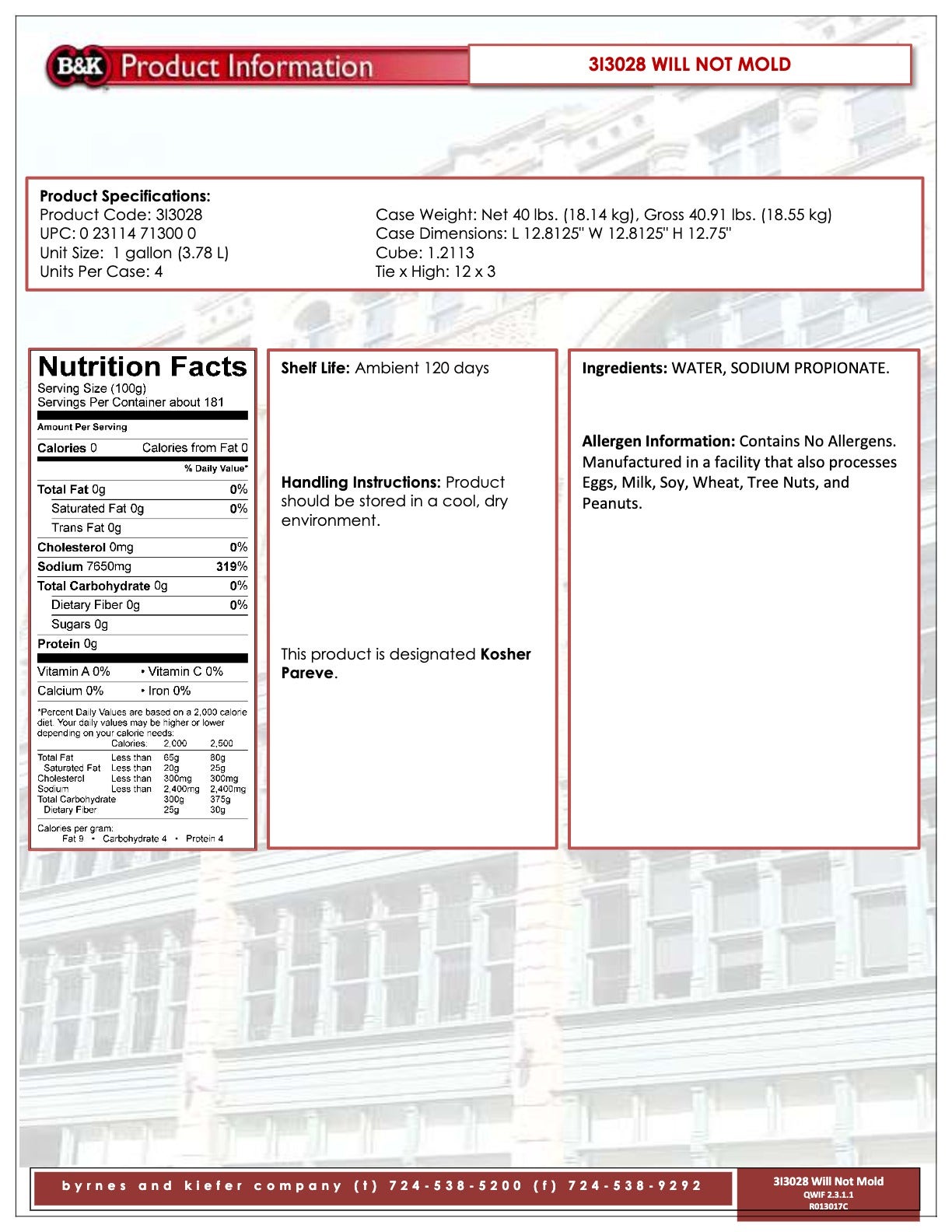 Will Not Mold Liquid Nutritional Info by B&K at Stover & Company 