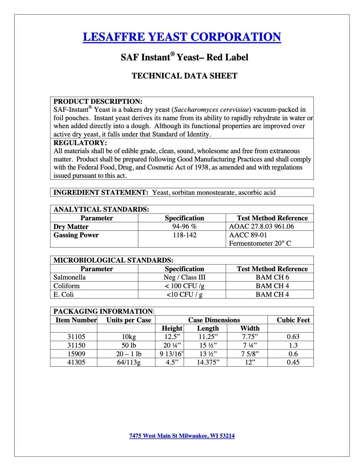 Instant Yeast #15909 Nutritional Info Page 1 by Saf at Stover & Company 