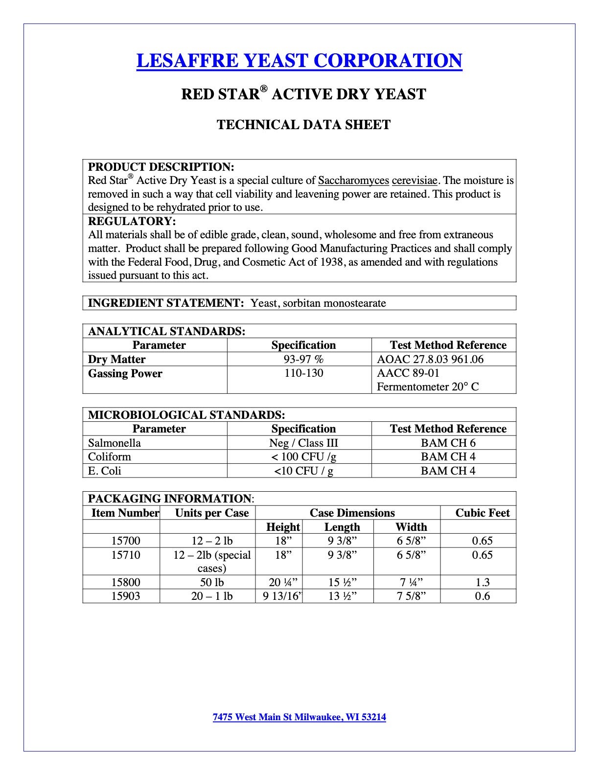 Red Star Active Dry Yeast Nutritional Info Page 1 by Saf at Stover & Company 