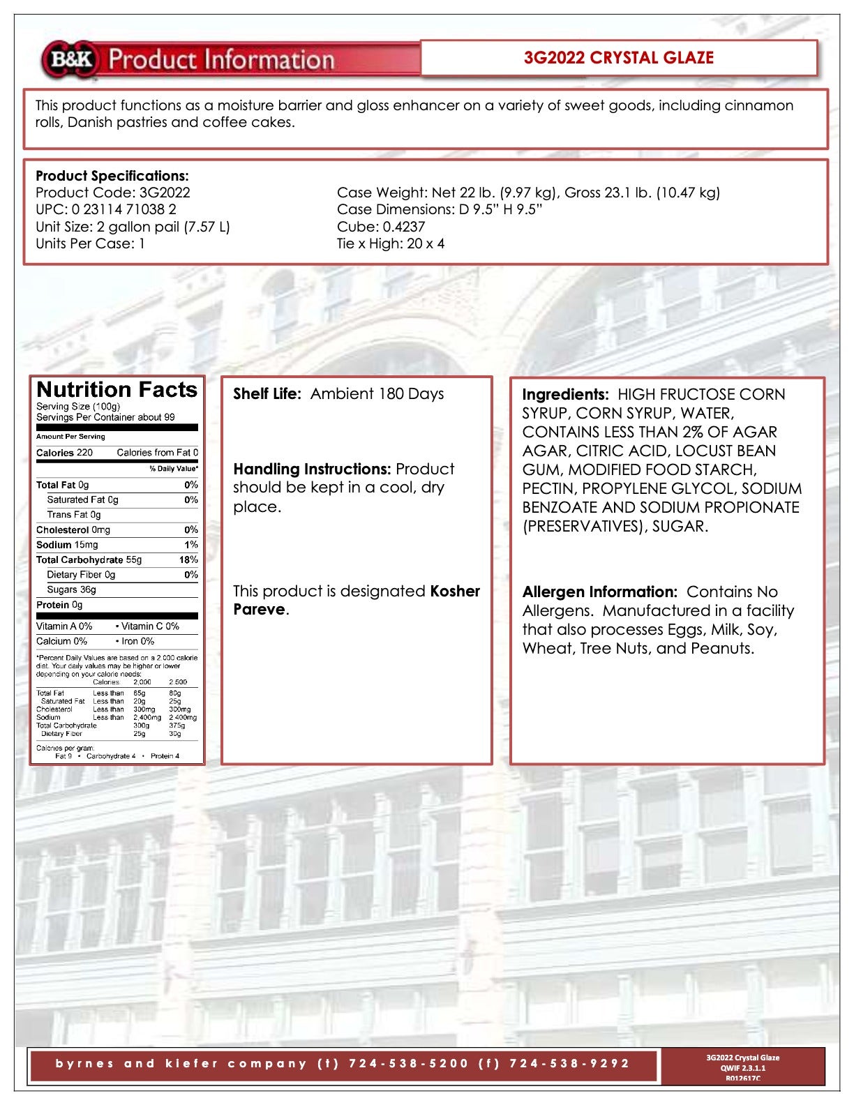 Crystal Glaze Nutritional Info by B&K at Stover & Company 