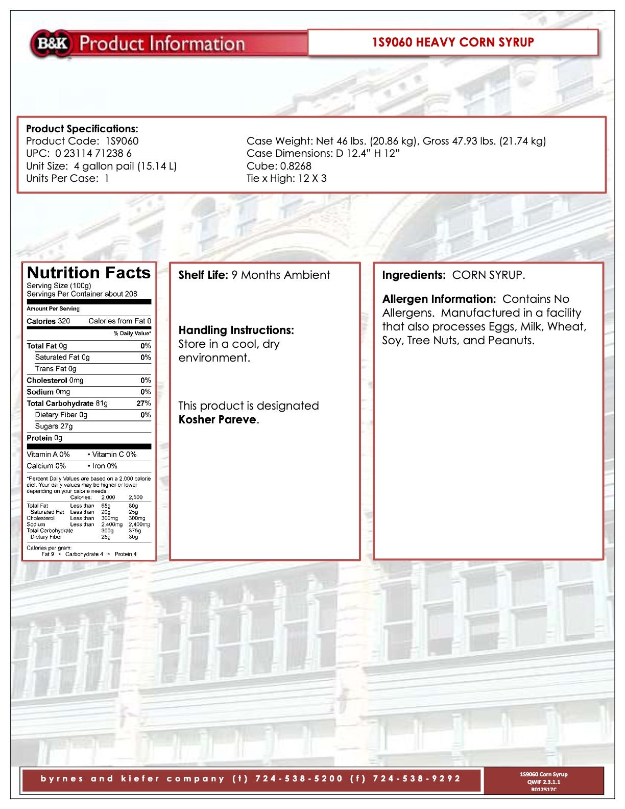 Corn Syrup Nutritional Info by B&K at Stover & Company 