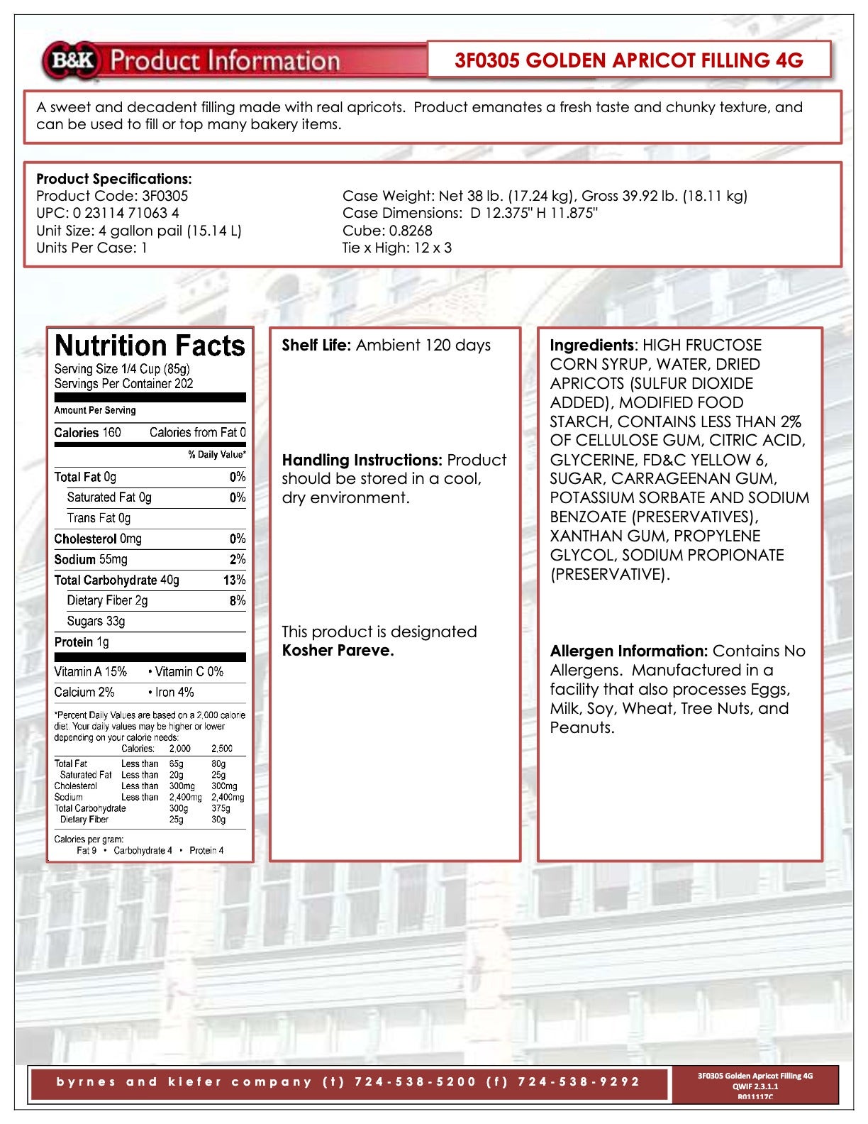 Golden Apricot Filling Nutritional Info by B&K at Stover & Company 