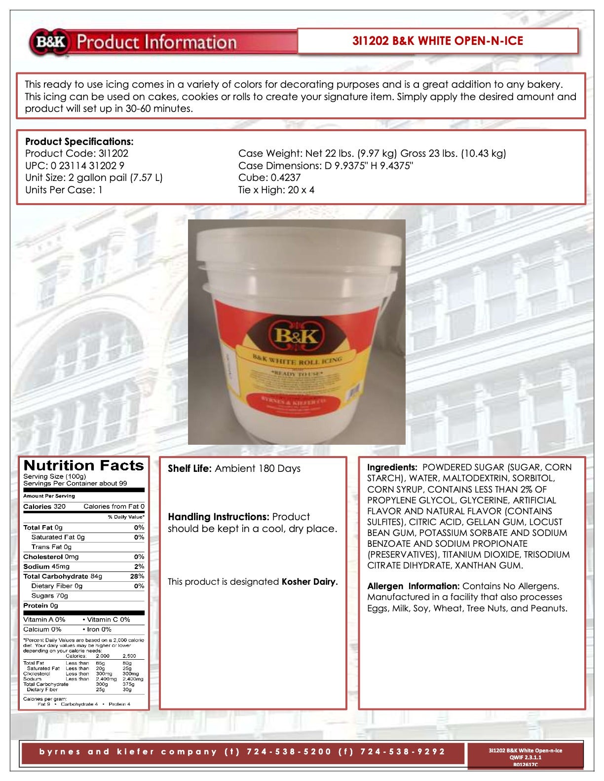 White Open-N-Ice Nutritional Info by B&K at Stover & Company 