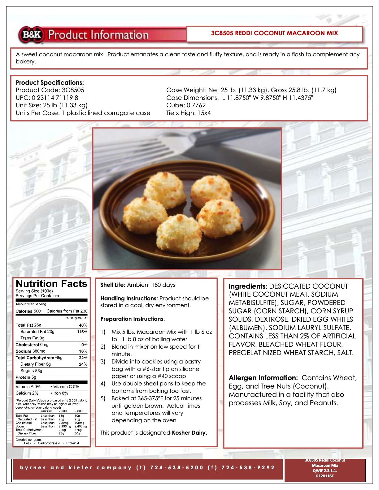 Reddi Coconut Macaroon Mix Nutritional Info by B&K at Stover & Company 