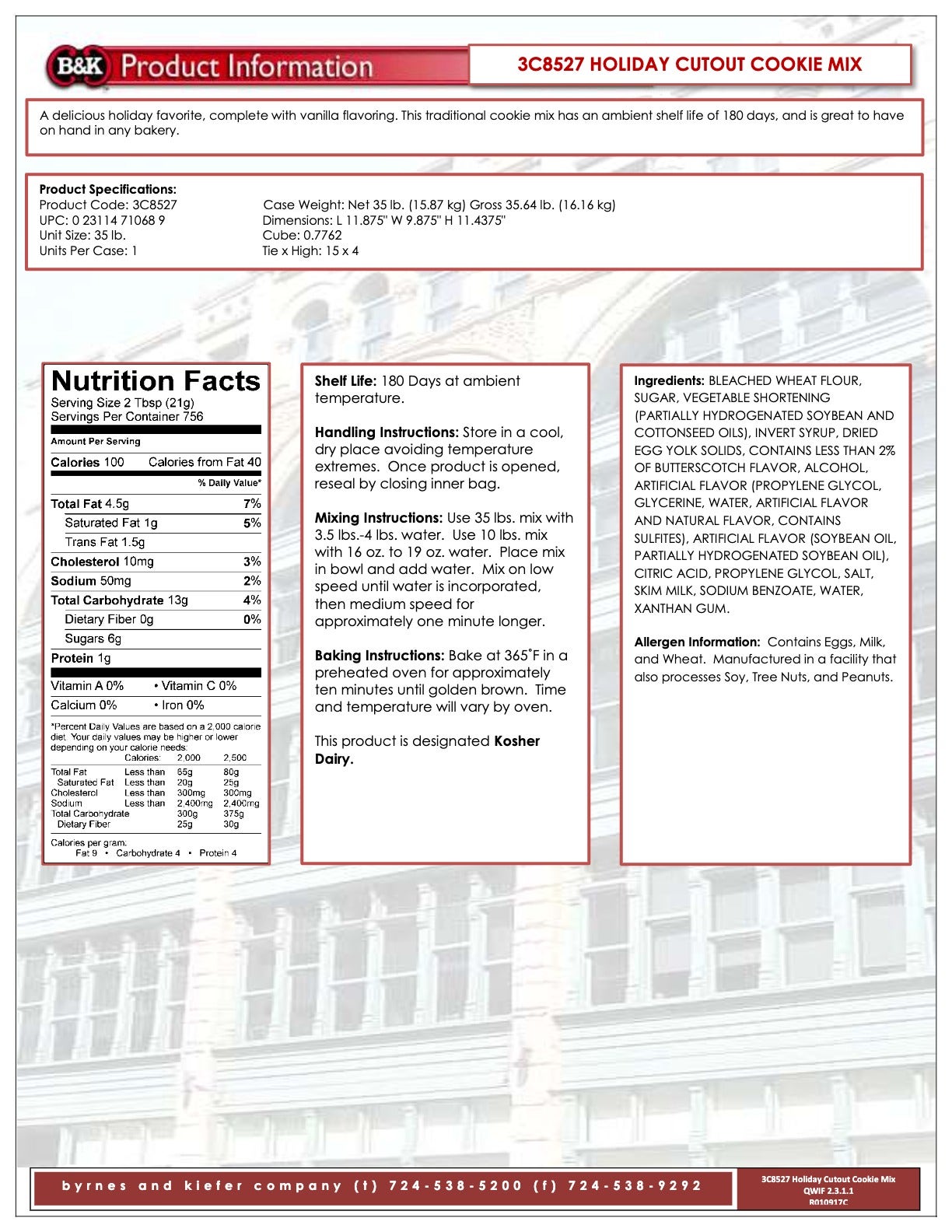 Holiday Cutout Cookie Mix Nutritional Info by B&K at Stover & Company 