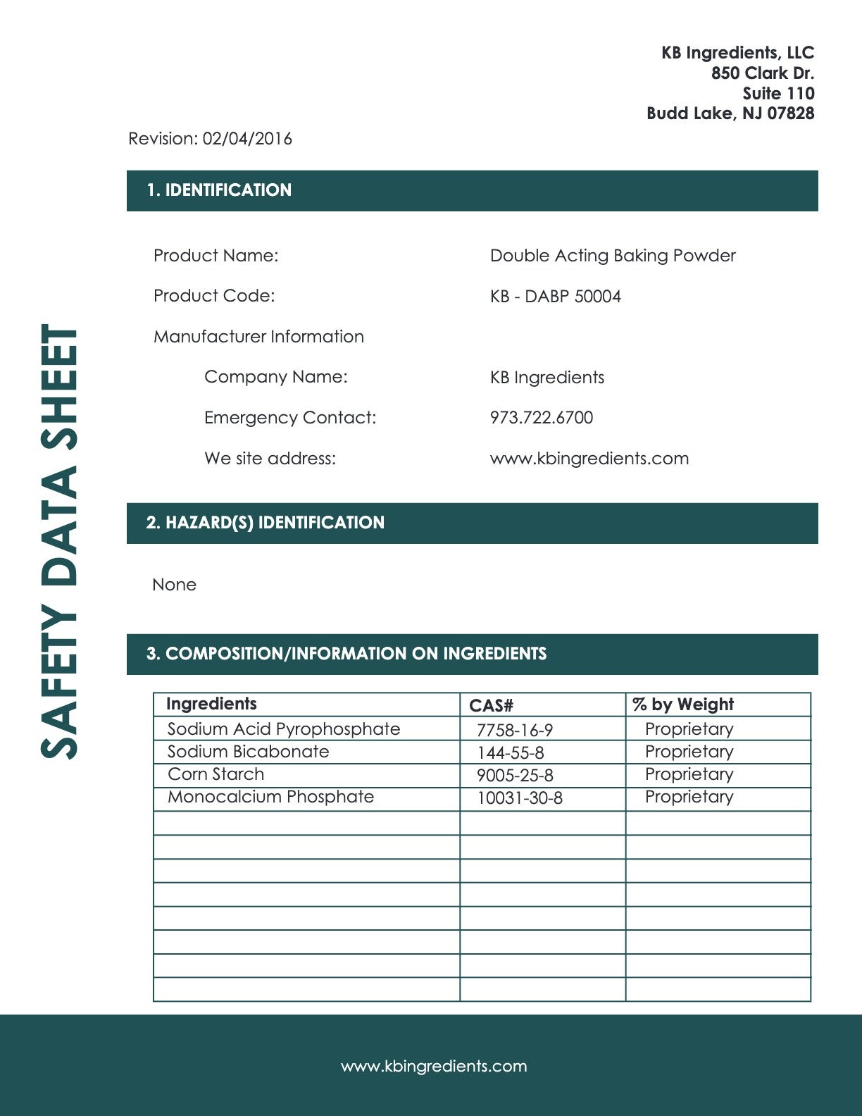 Double Acting Baking Powder Nutritional Info Page 1 by KB Ingredients 