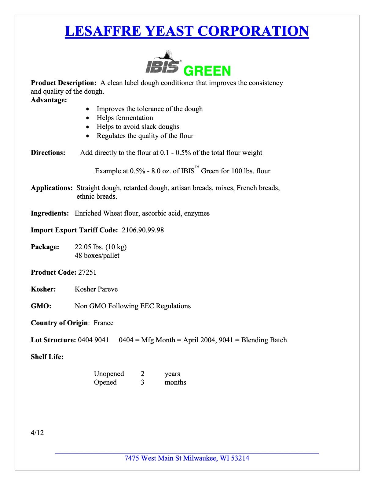 IBIS Green Dough Conditioner Nutritional Info Page 1 by SAF at Stover & Company 