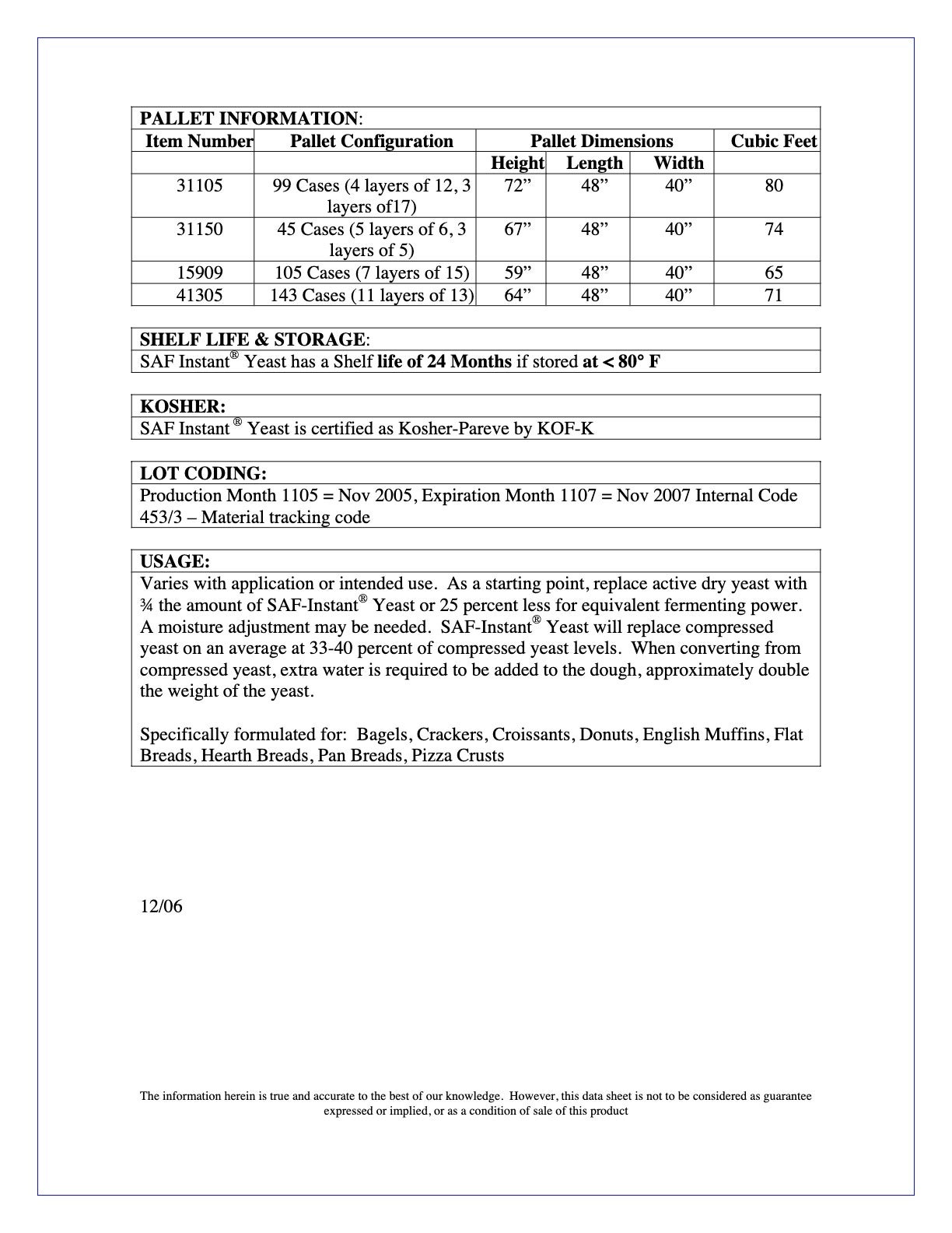 Instant Yeast #15909 Nutritional Info Page 2 by Saf at Stover & Company 