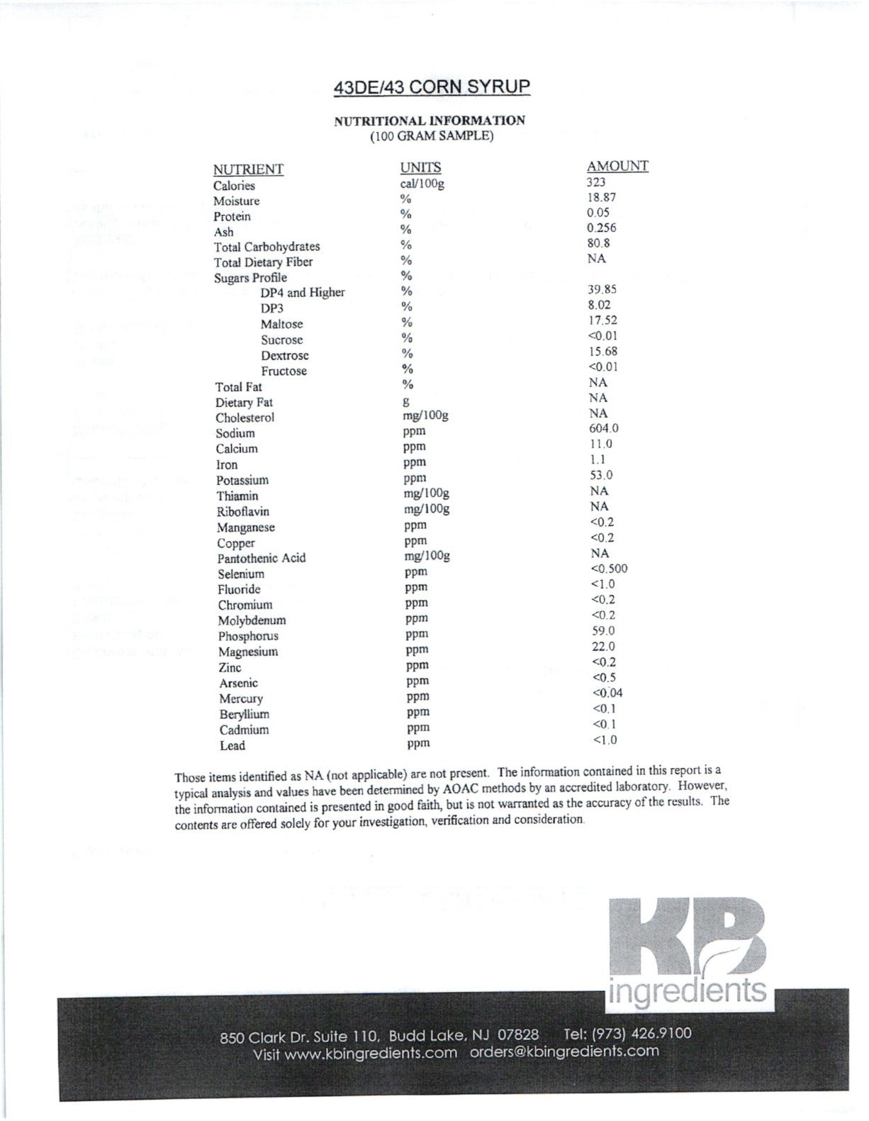 Corn Syrup 42/43 Nutritional Info Page 2 by KB Ingredients at Stover & Company 