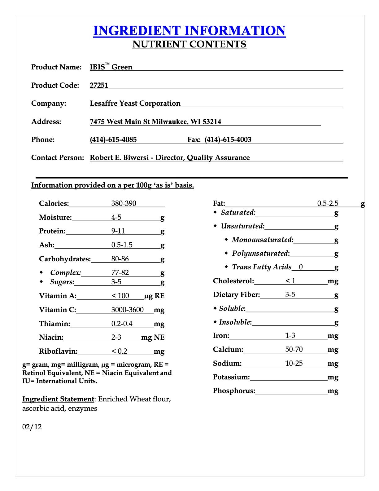 IBIS Green Dough Conditioner Nutritional Info Page 2 by SAF at Stover & Company 