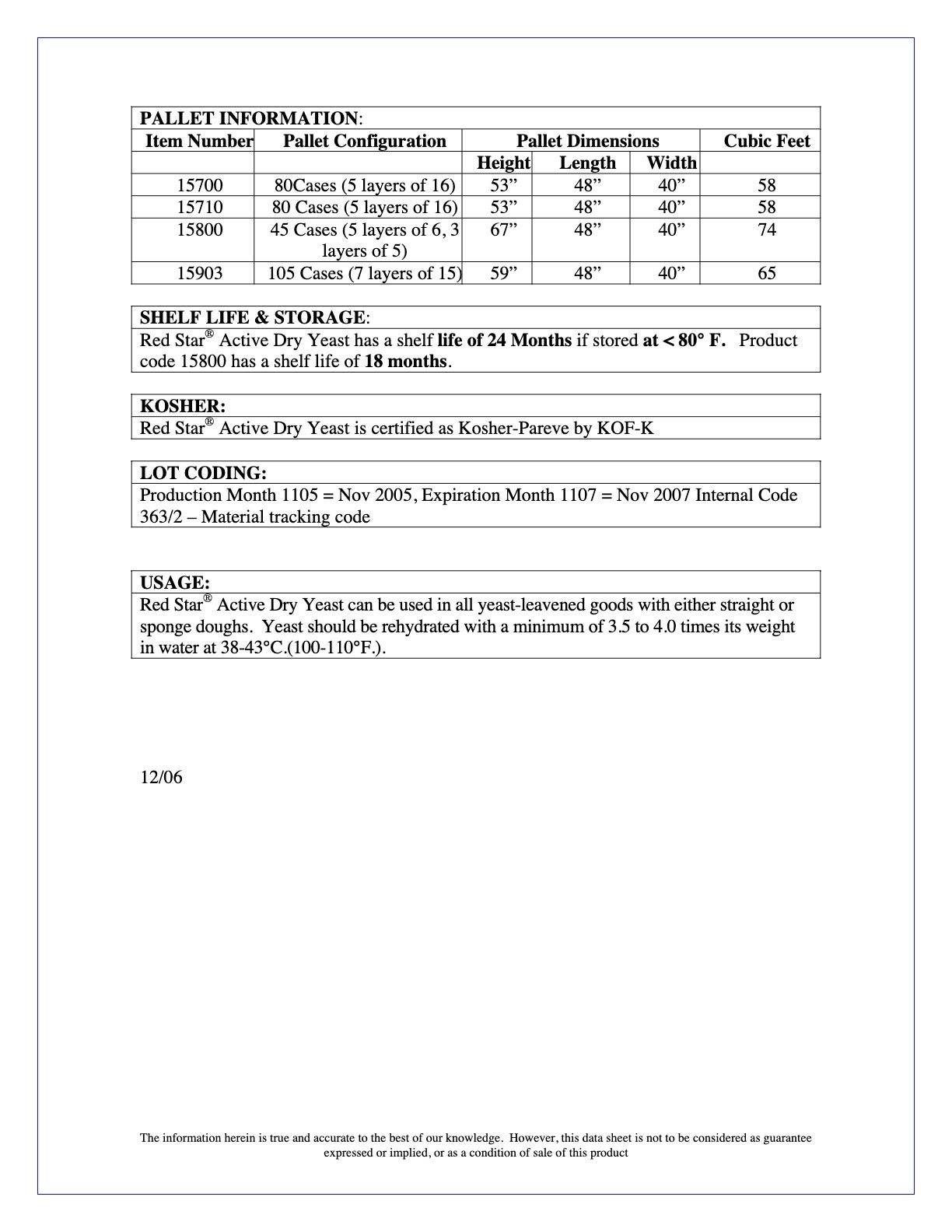 Red Star Active Dry Yeast #15800 Nutritional Info Page 2 by SAF at Stover & Company 