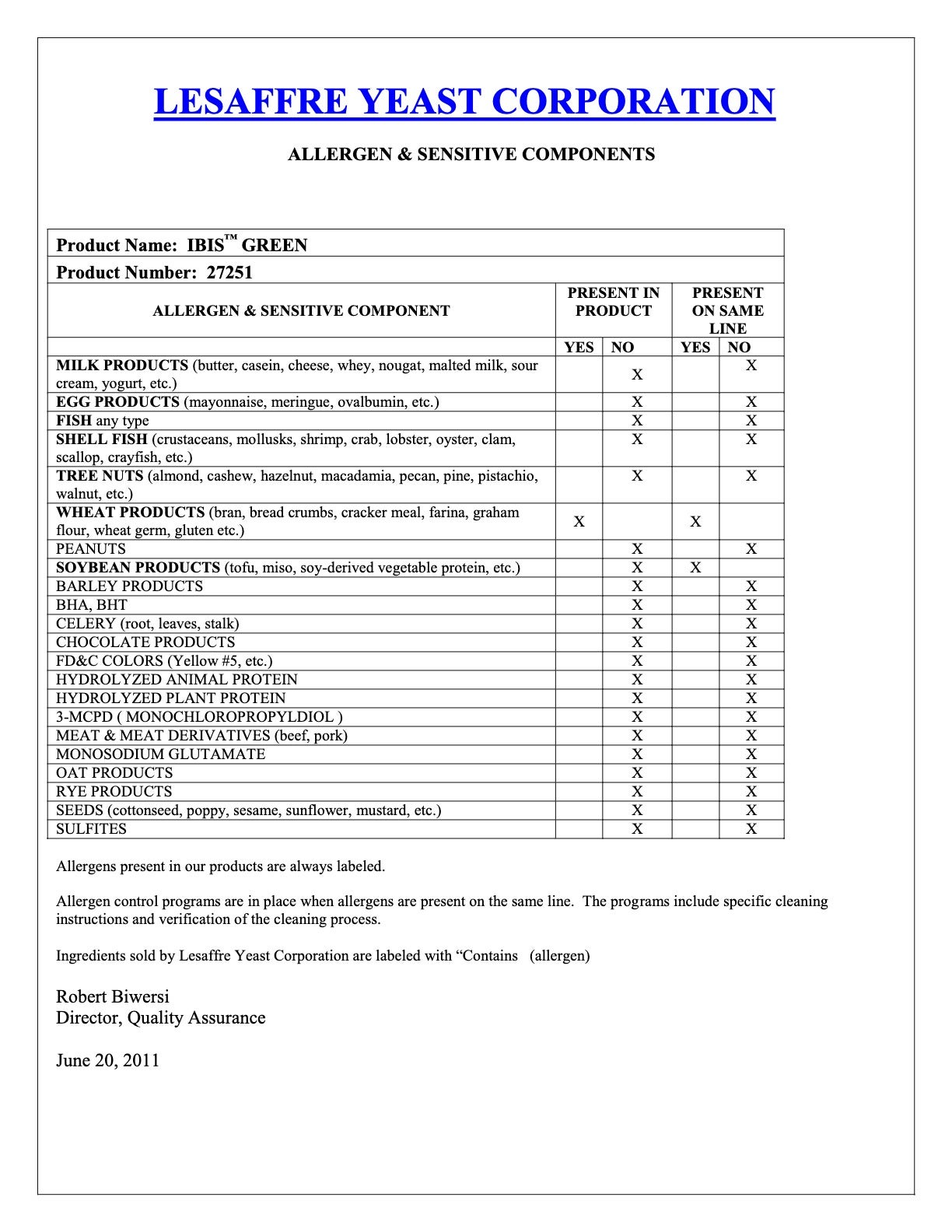 IBIS Green Dough Conditioner Nutritional Info Page 3 by SAF at Stover & Company 