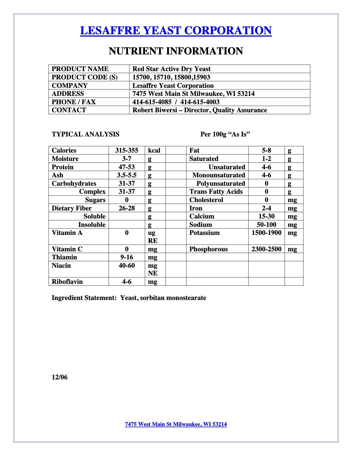 Red Star Active Dry Yeast #15800 Nutritional Info Page 3 by SAF at Stover & Company 