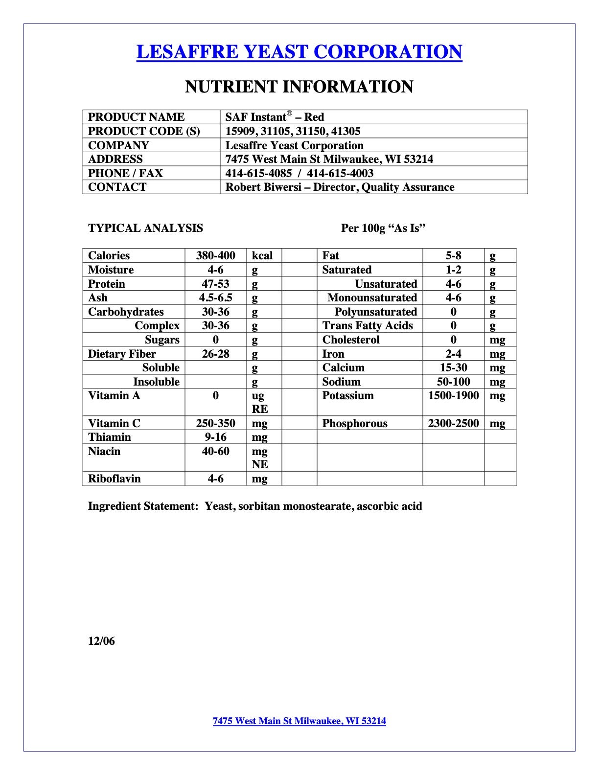 Instant Yeast #15909 Nutritional Info Page 3 by SAF at Stover & Company 