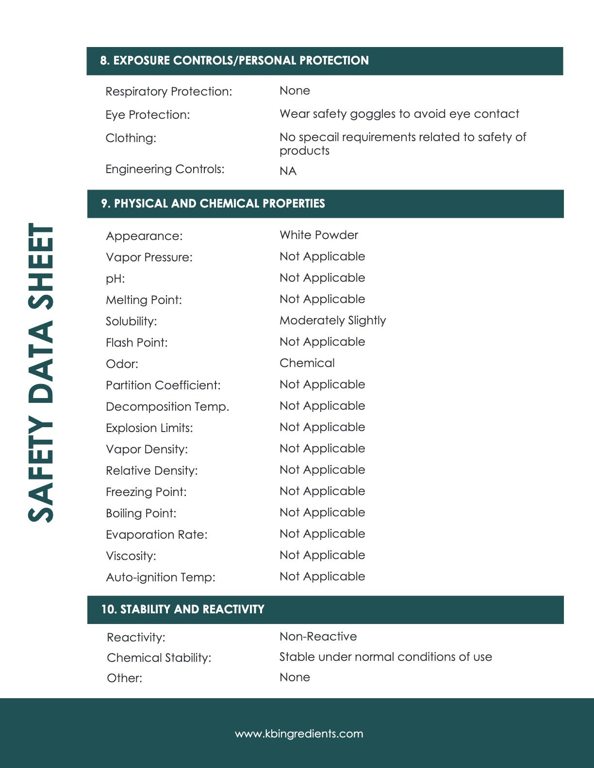 Double Acting Baking Powder Nutritional Info Page 3 by KB Ingredients at Stover & Company 