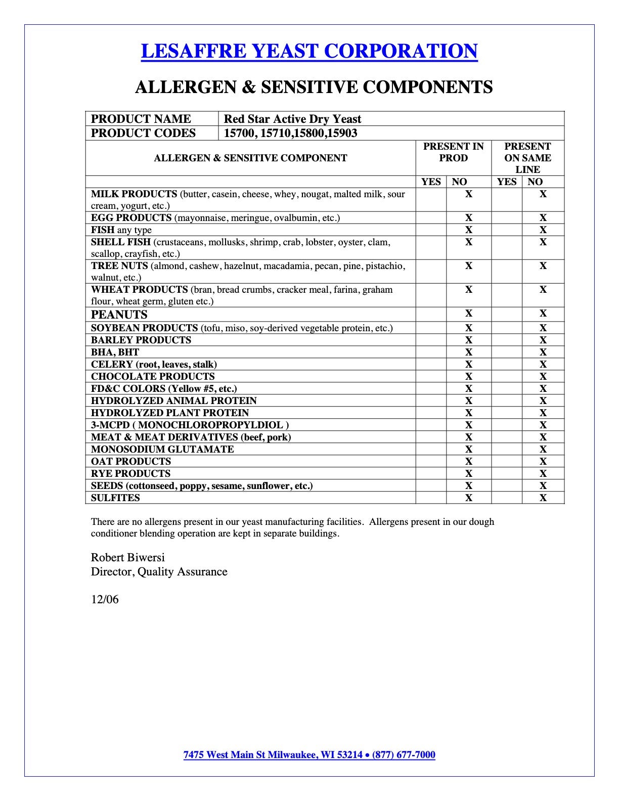 Red Star Active Dry Yeast #15800 Nutritional Info Page 4 by SAF at Stover & Company 