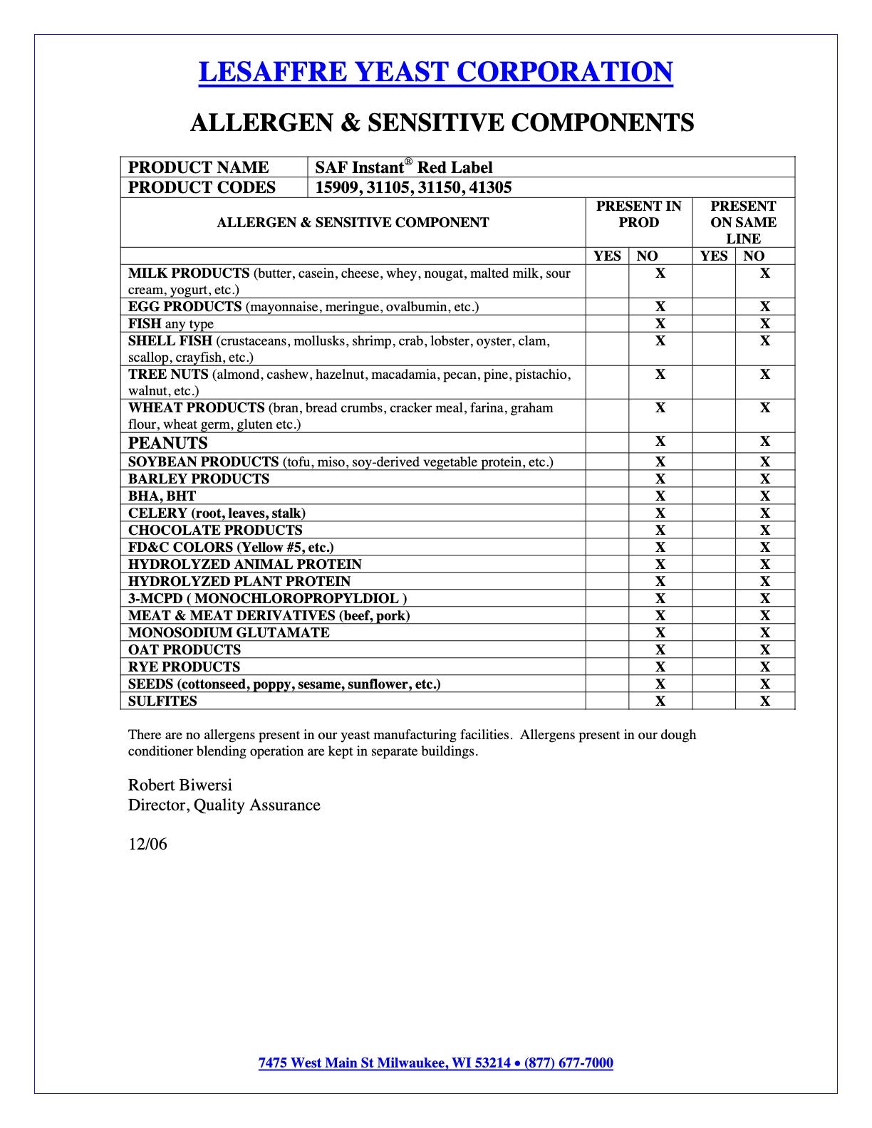 Instant Yeast #15909 Nutritional Info Page 4 by SAF at Stover & Company 