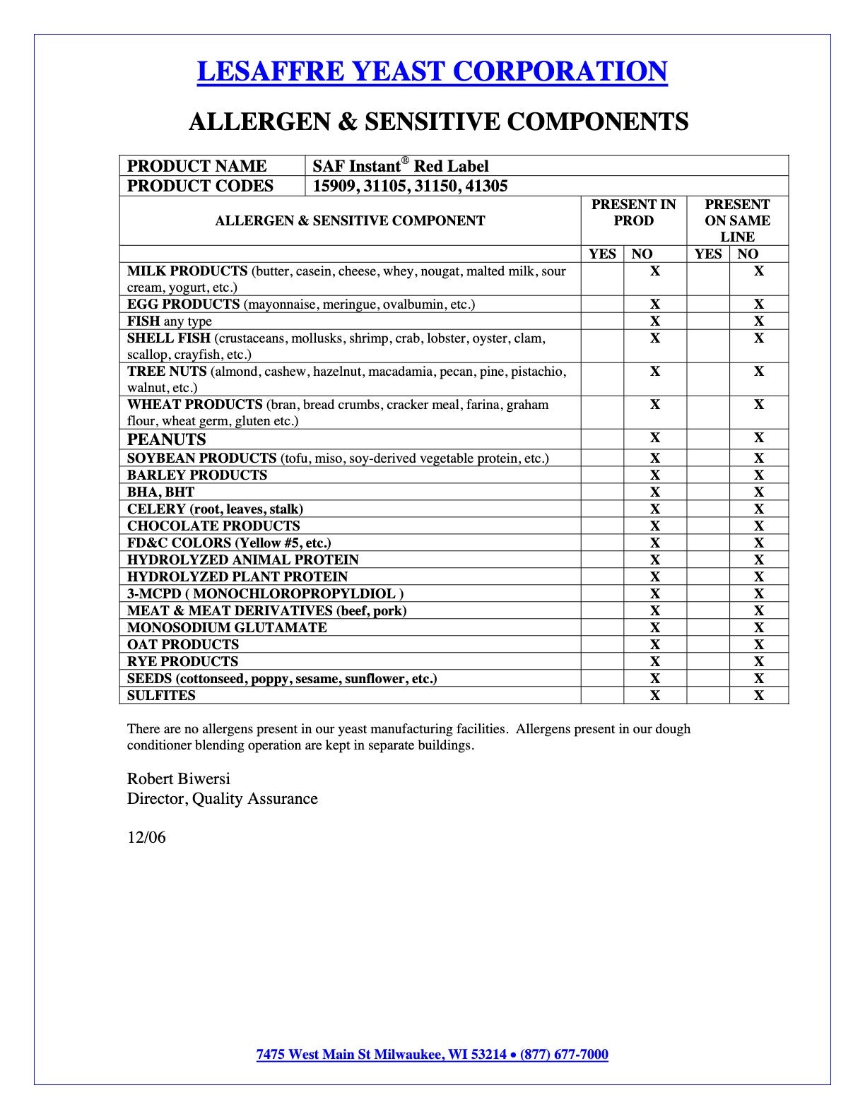 Instant Yeast #15909 Nutritional Info Page 4 by Saf at Stover & Company