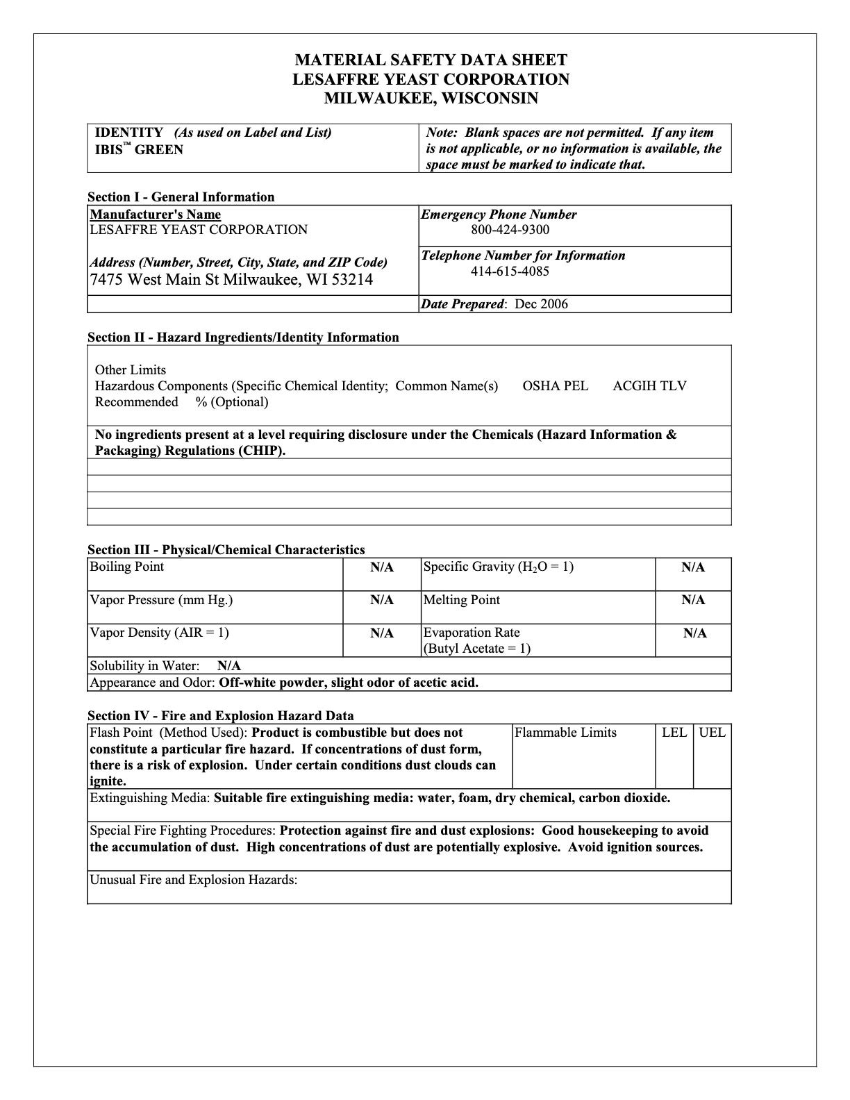 IBIS Green Dough Conditioner Nutritional Info Page 4 by SAF at Stover & Company 