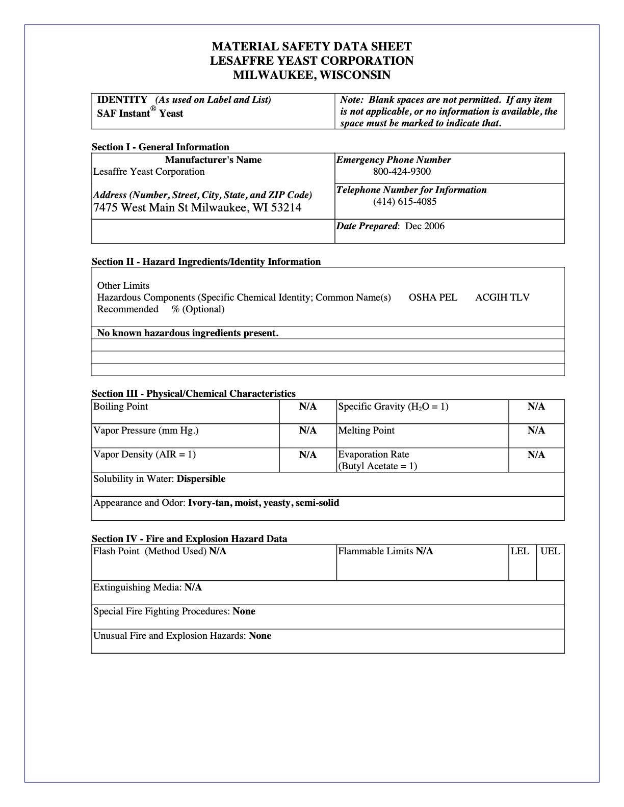 Instant Yeast #15909 Nutritional Info Page 5 by Saf at Stover & Company 