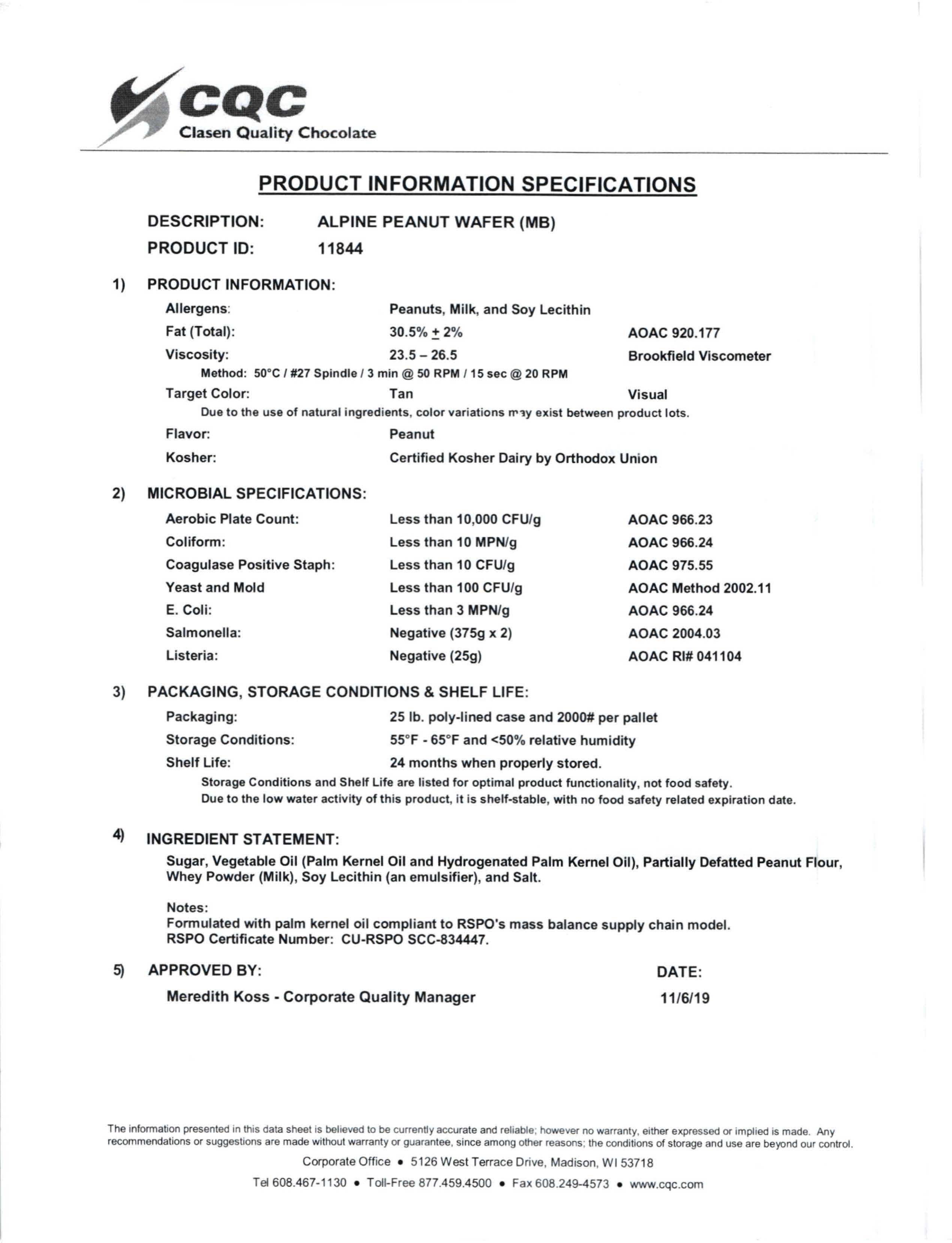 Alpine Peanut Butter Chocolate Wafers Nutritional Info Page 1 by Clasen at Stover & Company