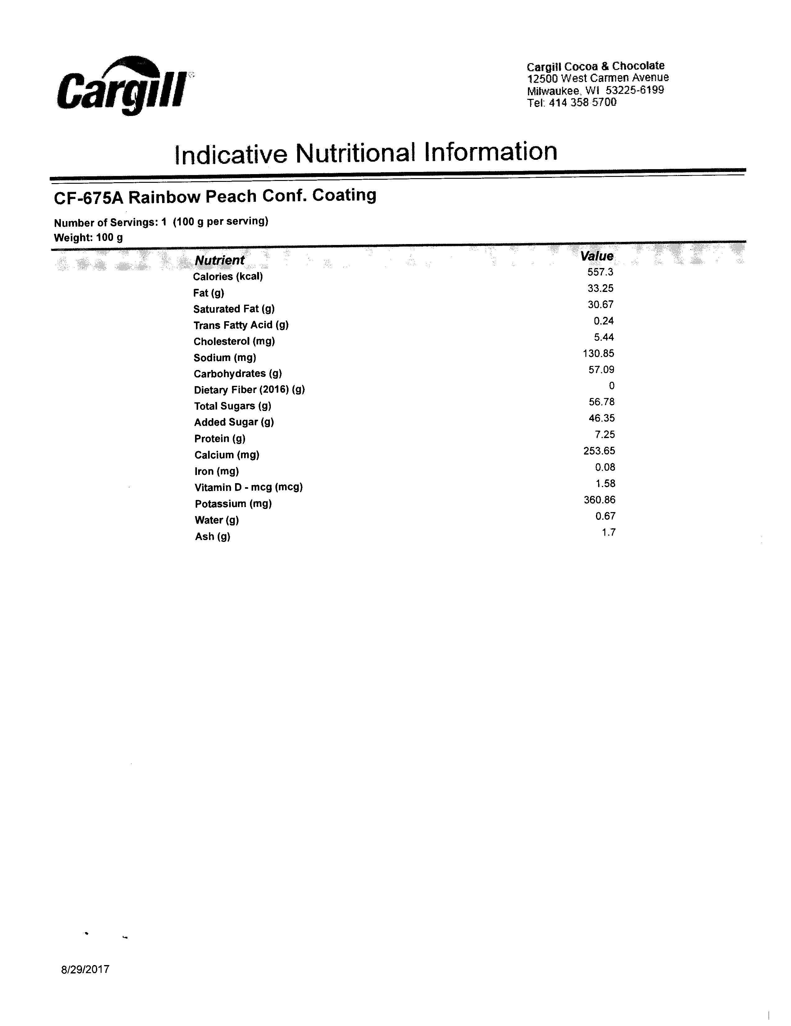 Peach Chocolate Wafers Nutritional Info Page 3 by Merckens at Stover & Company