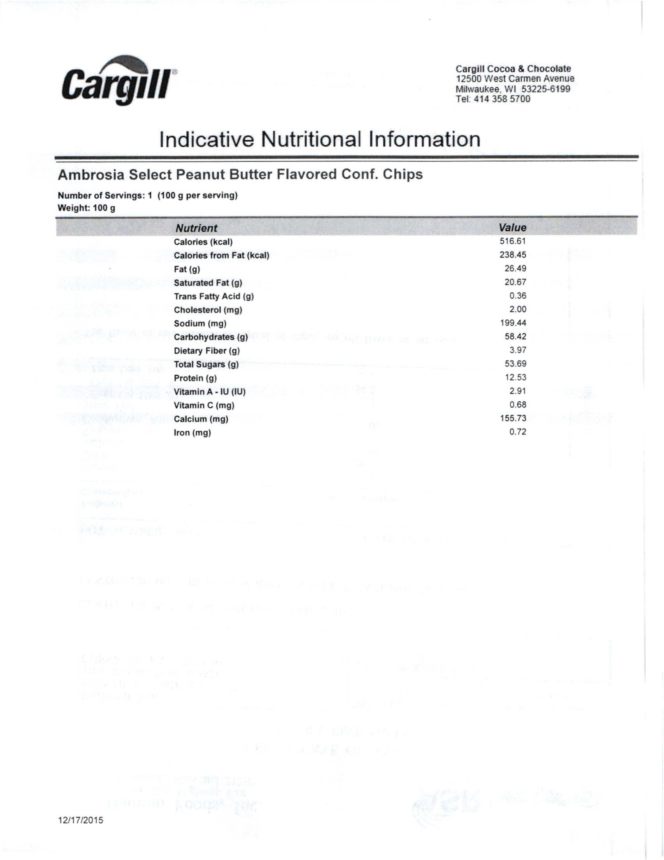 Peanut Butter Flavored Chips Nutritional Info by Peter's Chocolate at Stover & Company