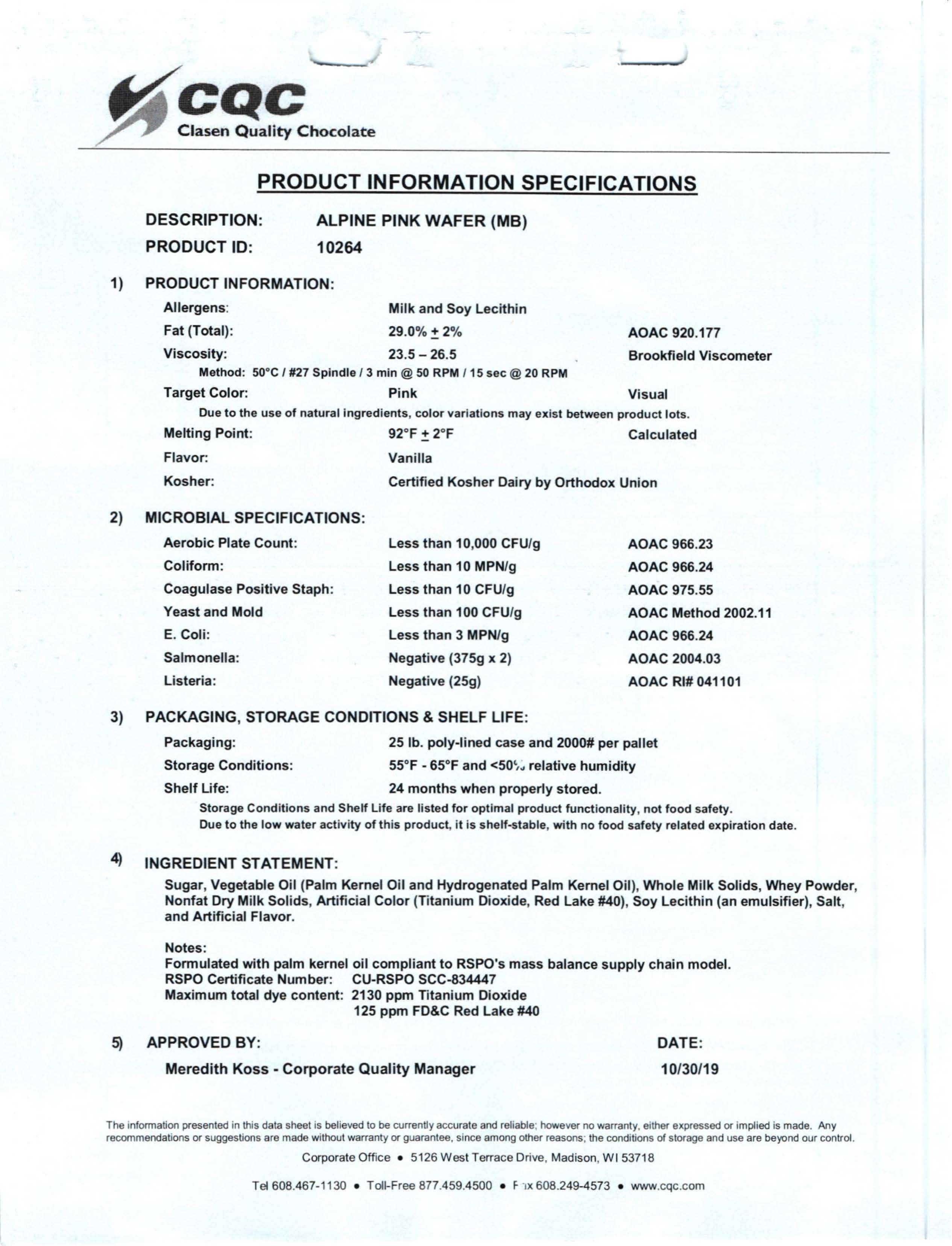 Alpine Coating Pink Wafers Nutritional Info Page 1 by Clasen at Stover & Company