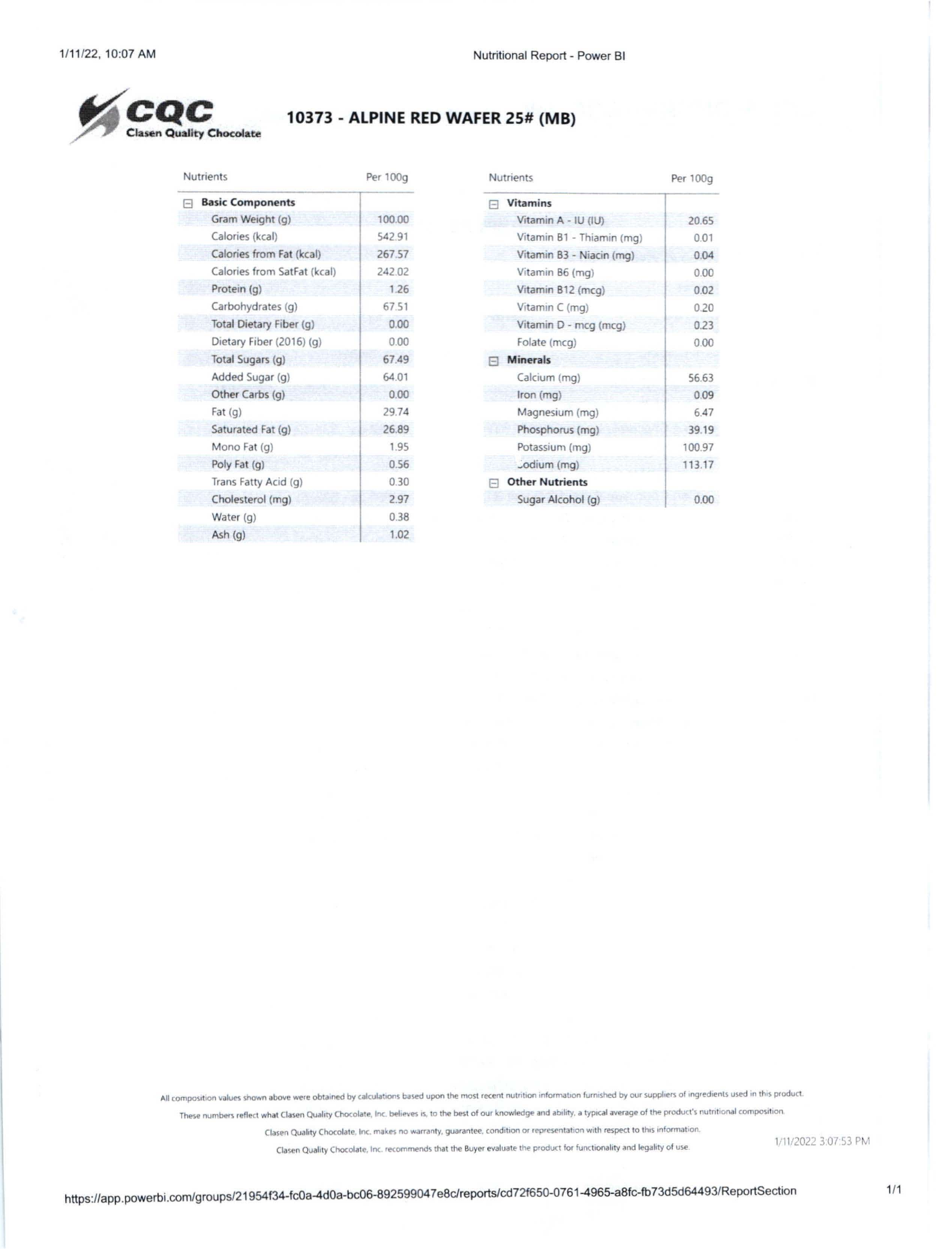 Alpine Coating Red Wafers Nutritional Info Page 2 by Clasen at Stover & Company