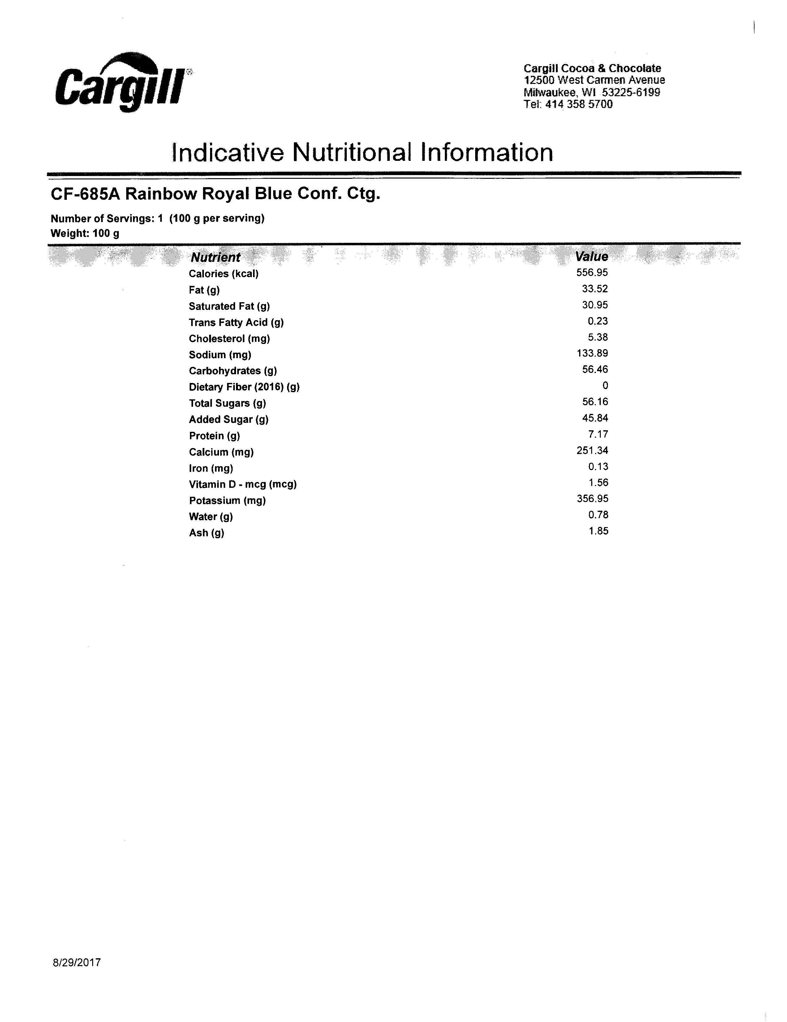 Royal Blue Chocolate Wafers Nutritional Info Page 3 by Merckens at Stover & Company