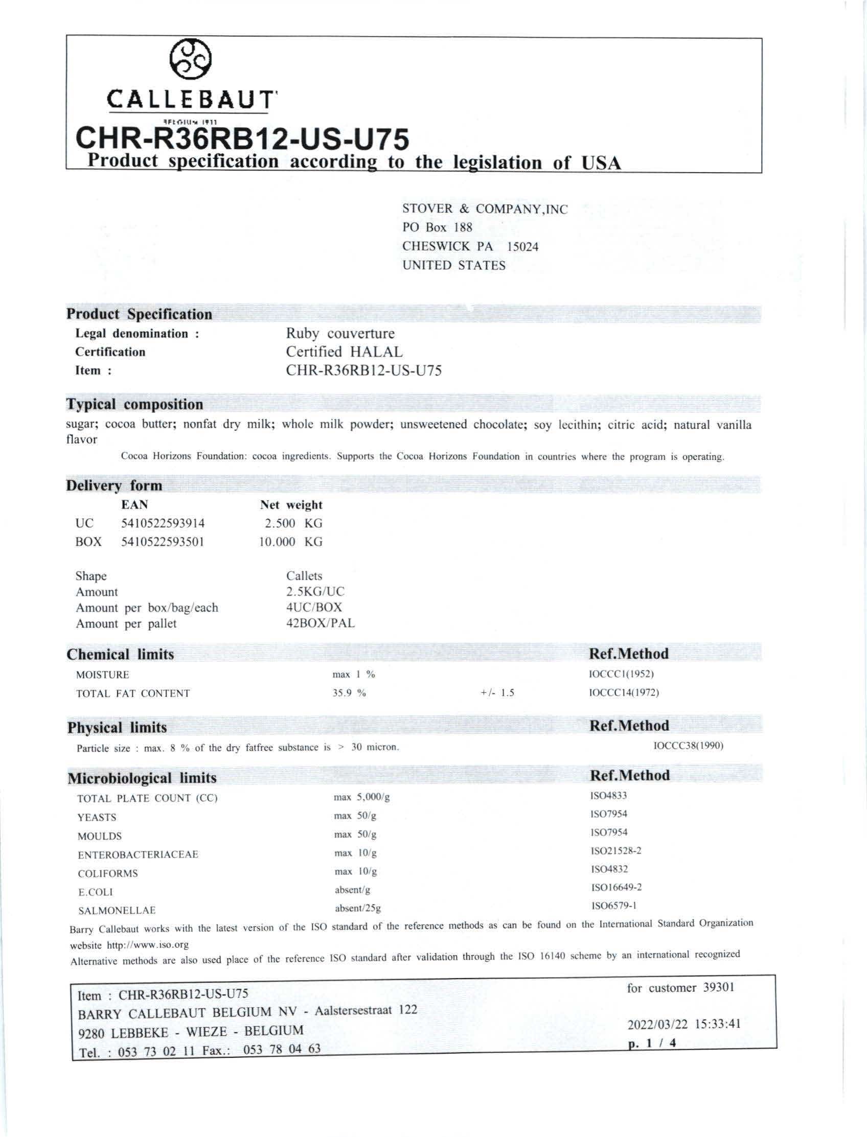 Ruby Red Chocolate RB1 Nutritional Info Page 1 by Callebaut at Stover & Company