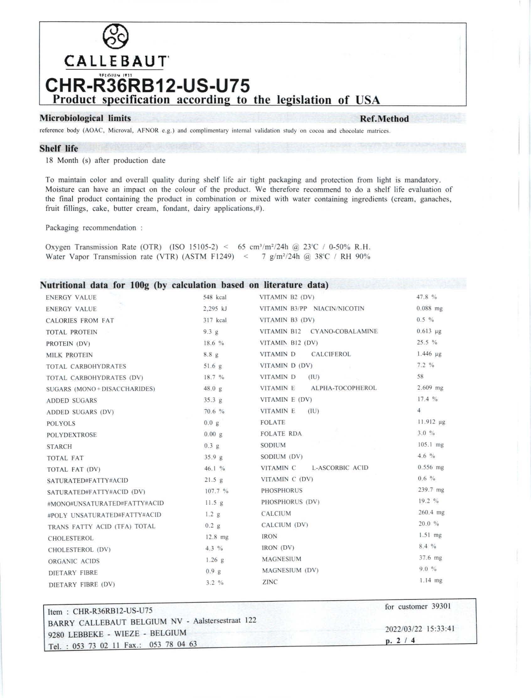 Ruby Red Chocolate RB1 Nutritional Info Page 2 by Callebaut at Stover & Company