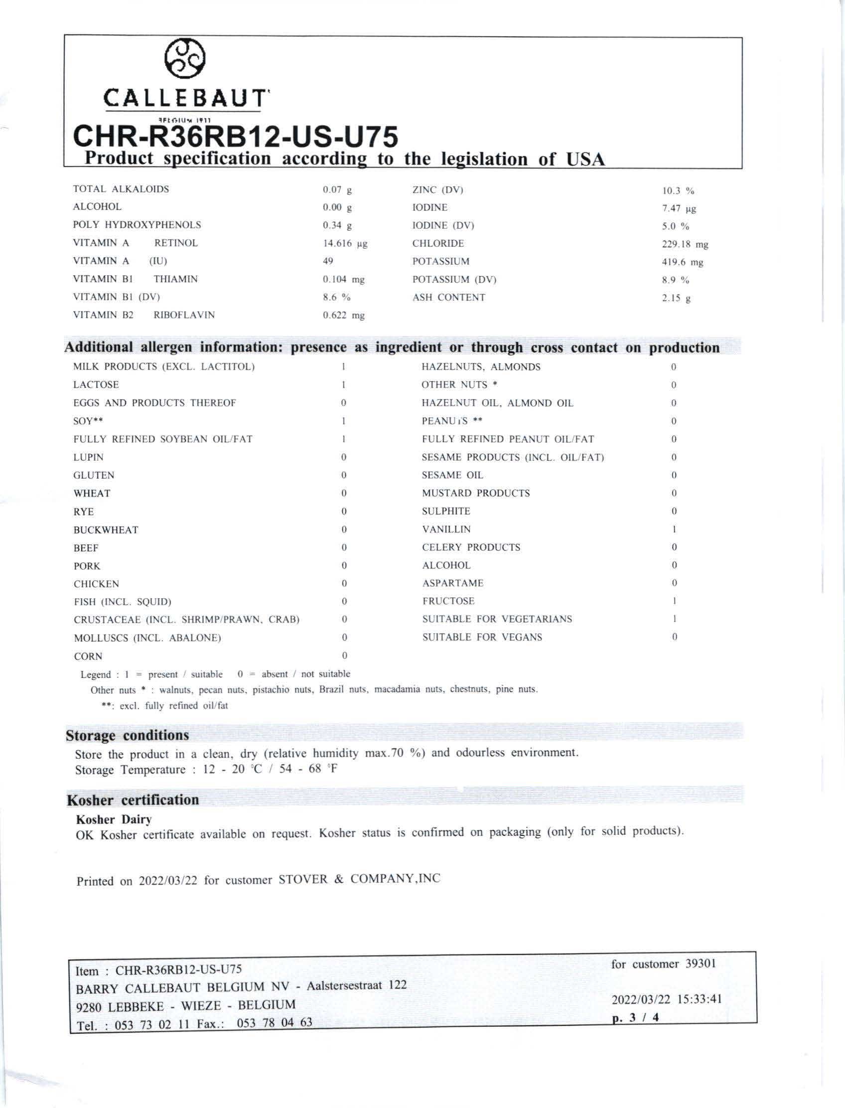 Ruby Red Chocolate RB1 Nutritional Info Page 3 by Callebaut at Stover & Company